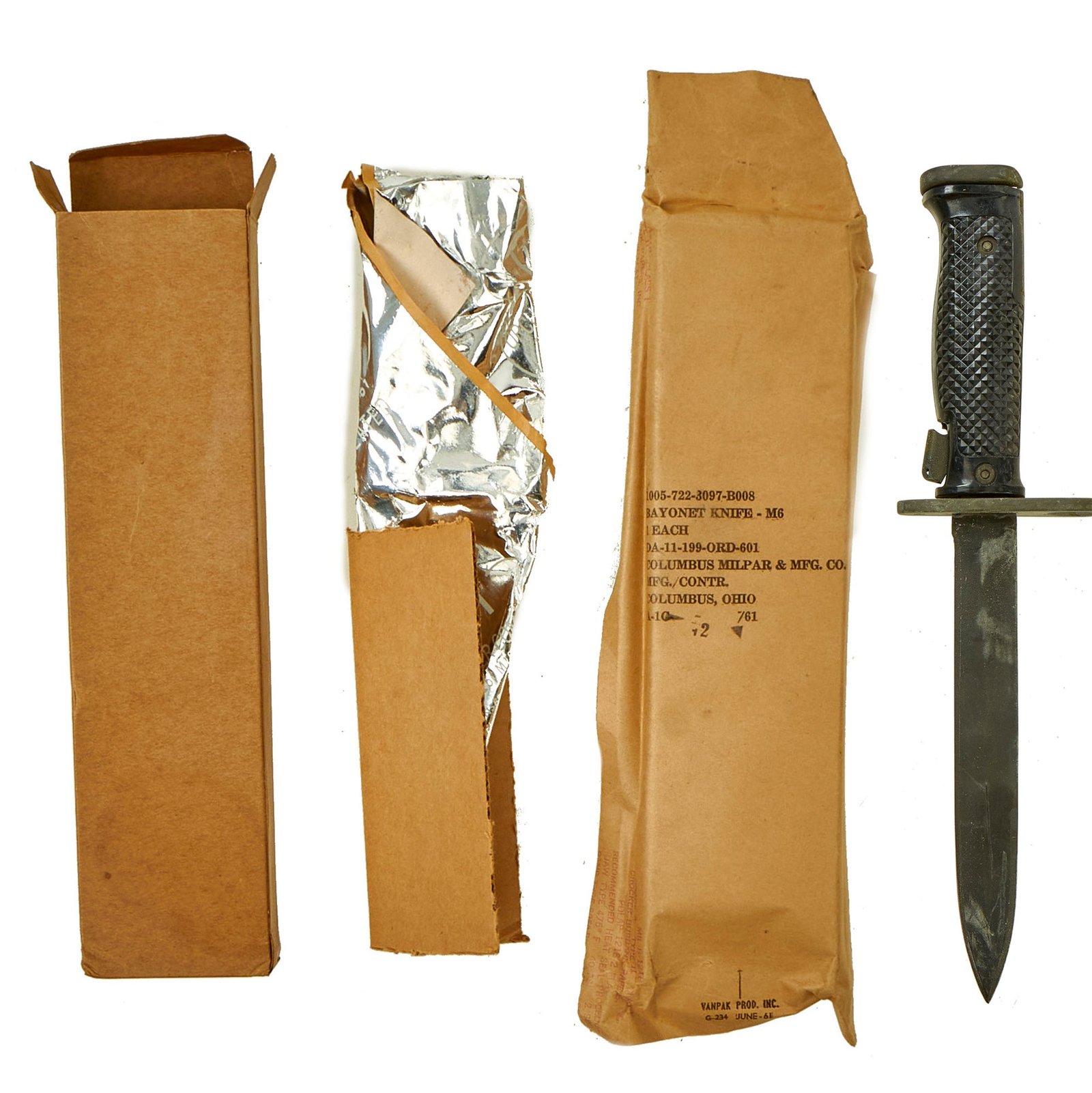 Buy Original U.S. Unissued Pre Vietnam War M6 Bayonet for the M14 Rifle by Columbus Milpar Mfg. Co. in Wrapper and Box dated 1961 - First Year Manufacture/Issue | Original Firearms Antique For Sale