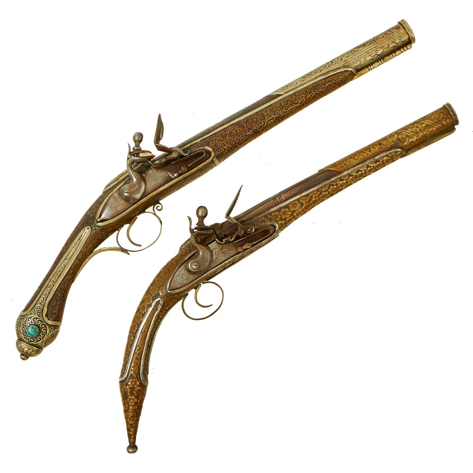 Buy Original Set of Two Late 19th Century Metal Clad Ottoman Turkish Flintlock Pistols Made for the Tourist Trade | Original Firearms Antique For Sale