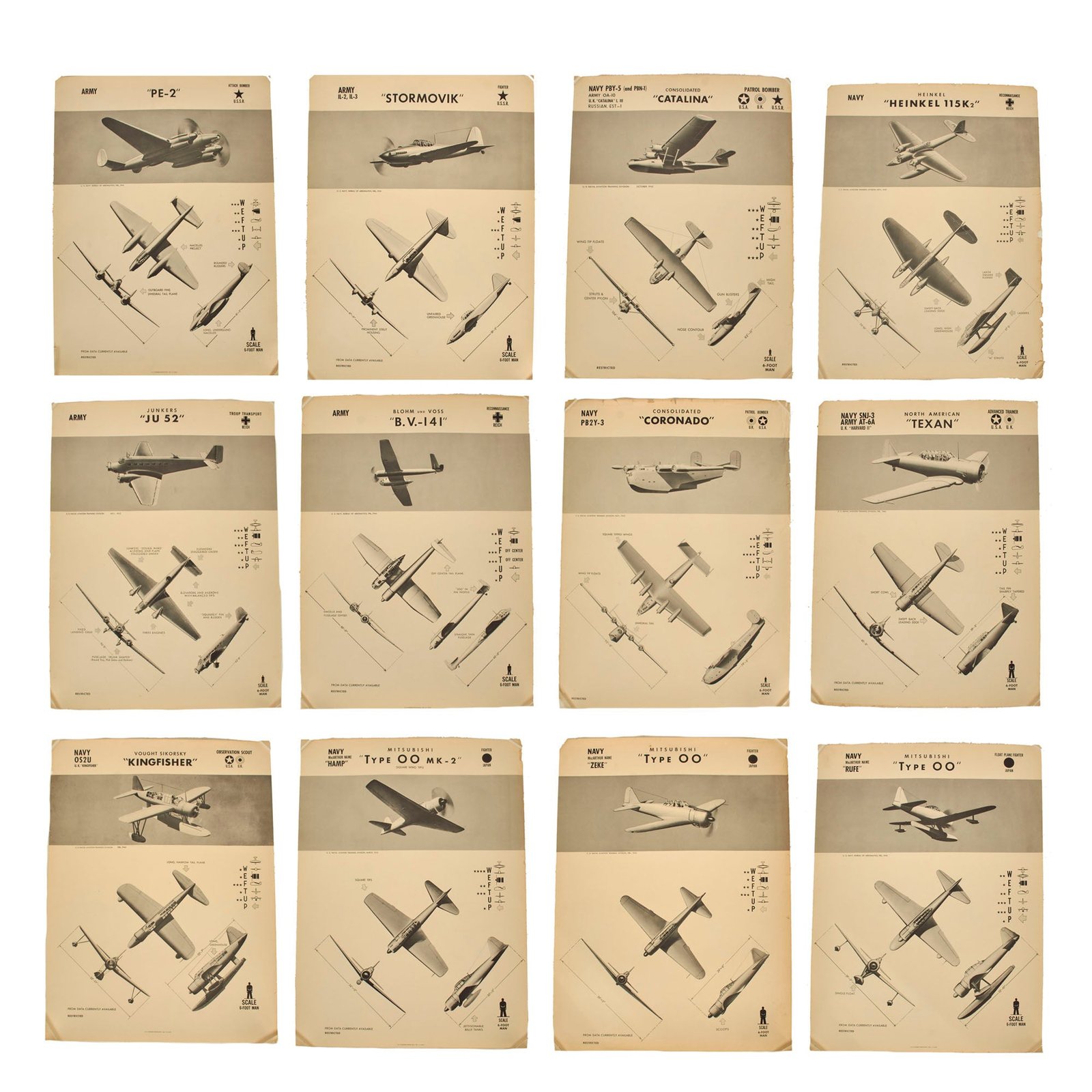 Buy Original U.S. WWII US Naval Aviation Training Division / Bureau of Aeronautics Recognition Board Lot of 12 - 18 ⅜” x 24 ¾” Each | Original Firearms Antique For Sale