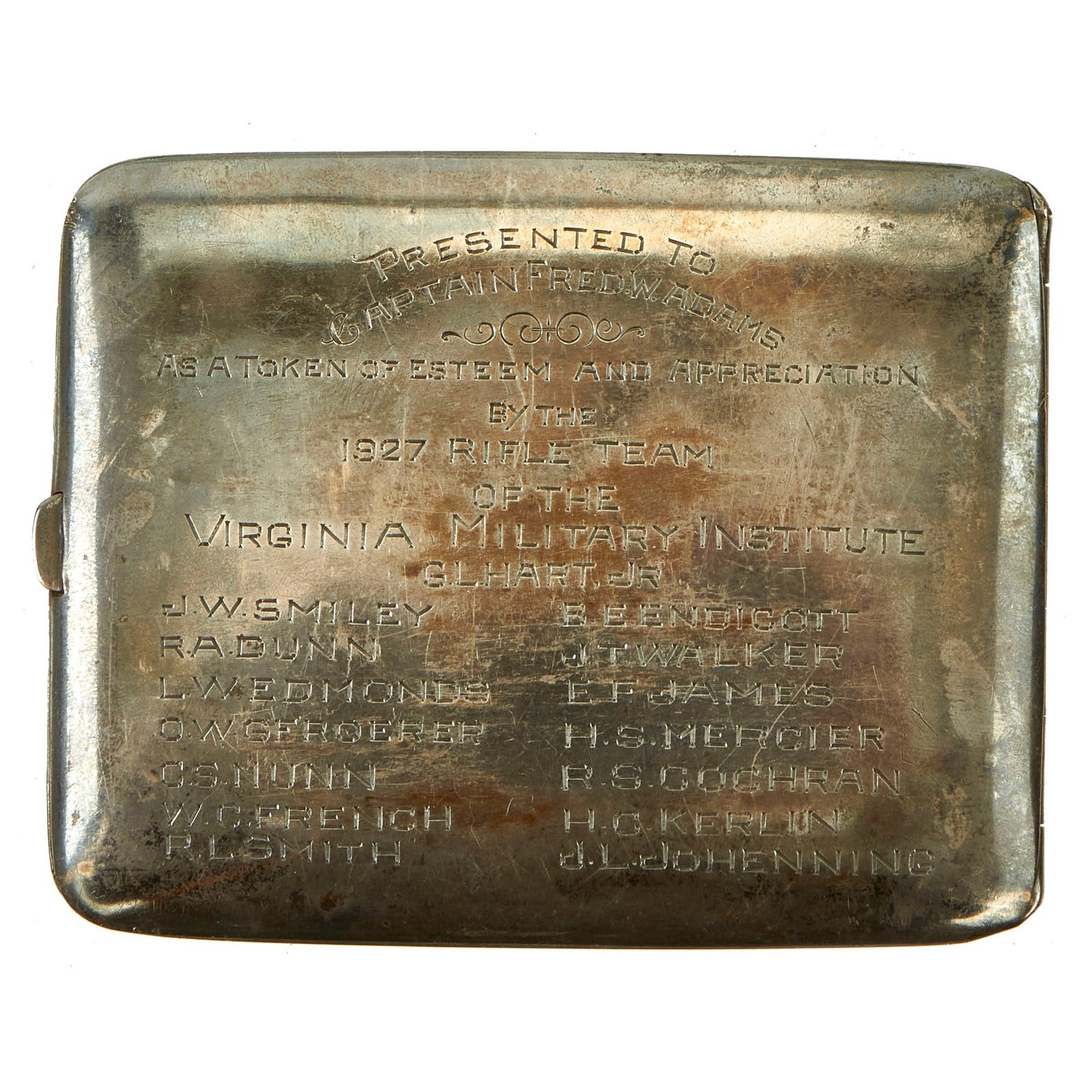 Buy Original U.S. Pre WWII Era Engraved Sterling Silver Cigarette Case By Elgin America Presented To WWI DSC Recipient Captain Fred Adams by the Virginia Military Institute in 1927 | Original Firearms Antique For Sale
