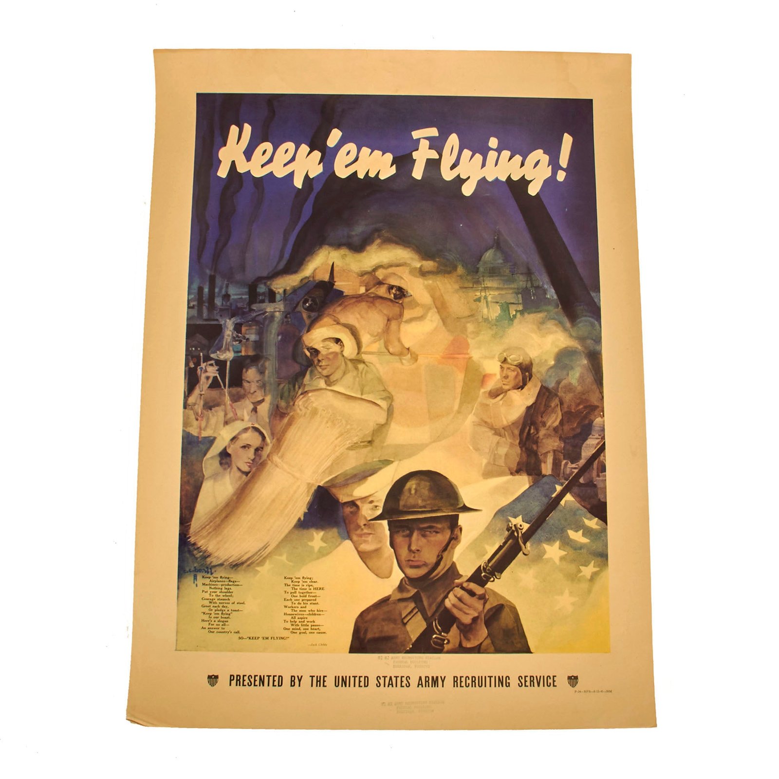 Buy Original U.S. WWII “Keep ‘em Flying!” Poster Used by US Army Recruitment Station in the Federal Building of Sheridan, Wyoming - 28” x 20”, Artwork by C.C. Beall | Original Firearms Antique For Sale