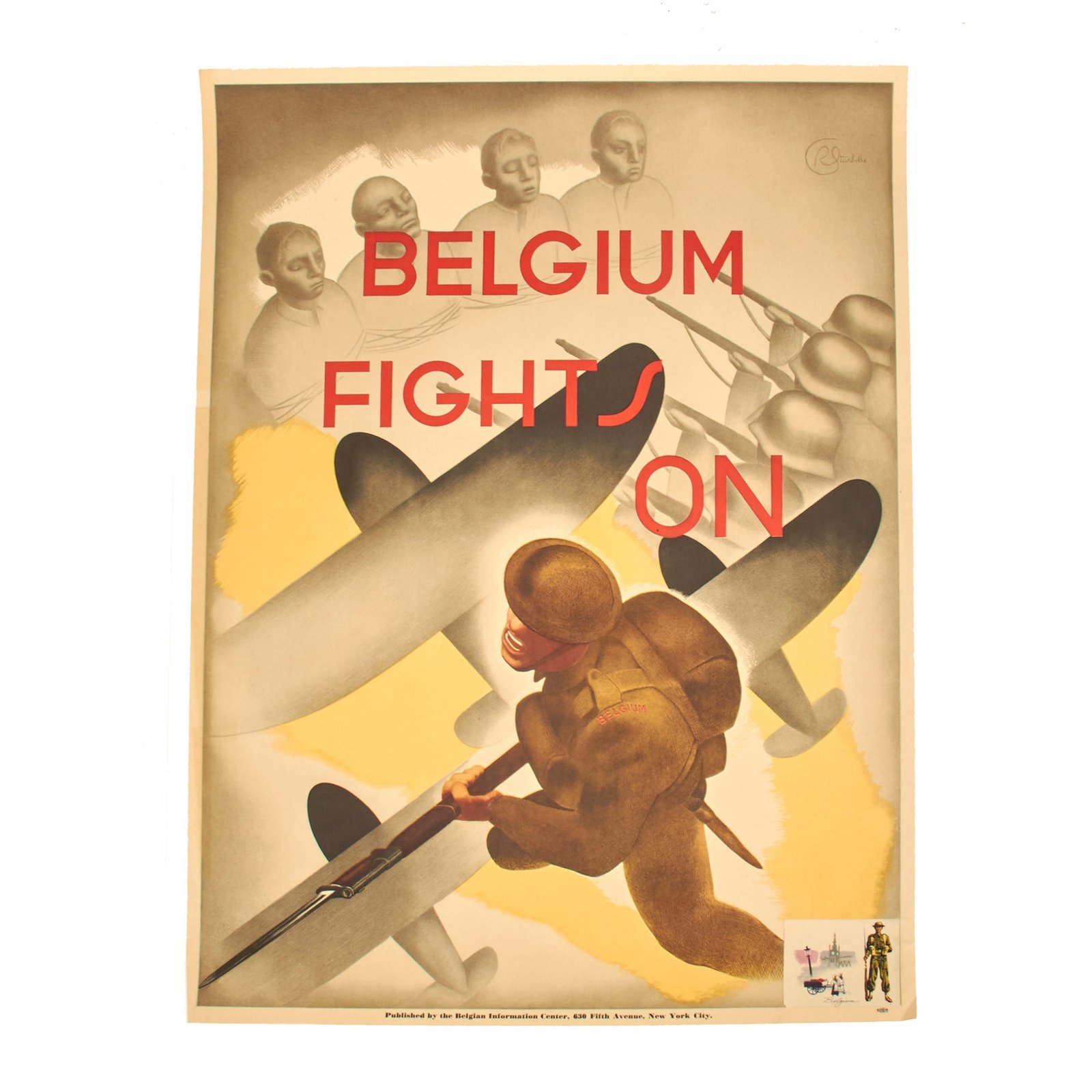 Buy Original U.S. WWII Belgian Information Center Propaganda Poster “Belgium Fights On” 24 ¾” x 18 ½” | Original Firearms Antique For Sale