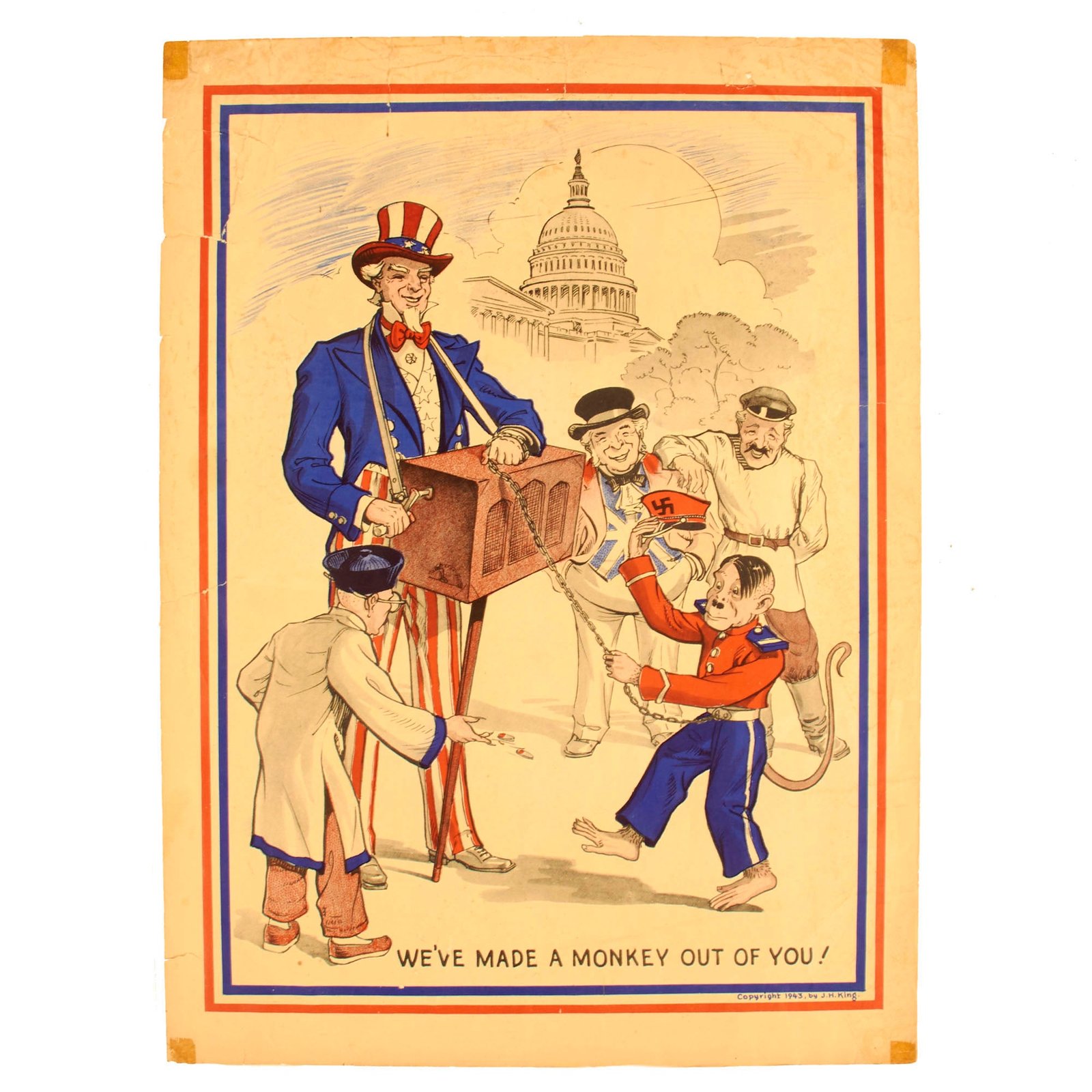Buy Original U.S. WWII Government Printing Office “We’ve Made A Monkey Out Of You” Propaganda Poster With Artwork by J.H. King - 20” x 15” | Original Firearms Antique For Sale