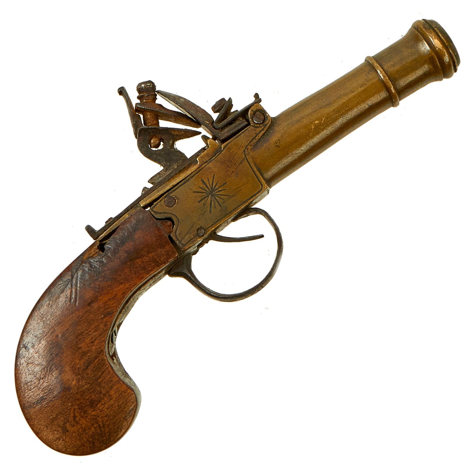 Buy Original Early 19th Century Belgian Brass Flintlock Pocket Pistol with Liège Proofs in "As Found" Condition - Circa 1820 | Original Firearms Antique For Sale