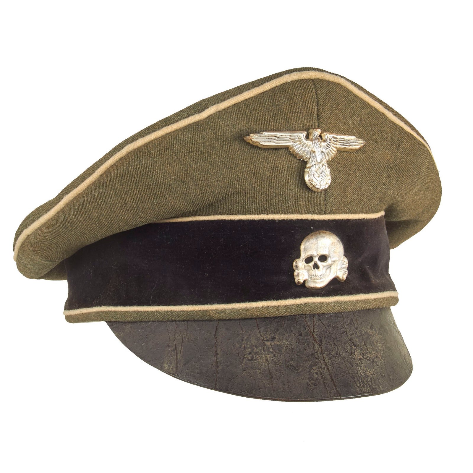 Buy Original Rare German WWII Waffen SS Officer Schirmmütze Crusher Visor Cap with Leather Brim - Size 56cm - Textbook Example | Original Firearms Antique For Sale