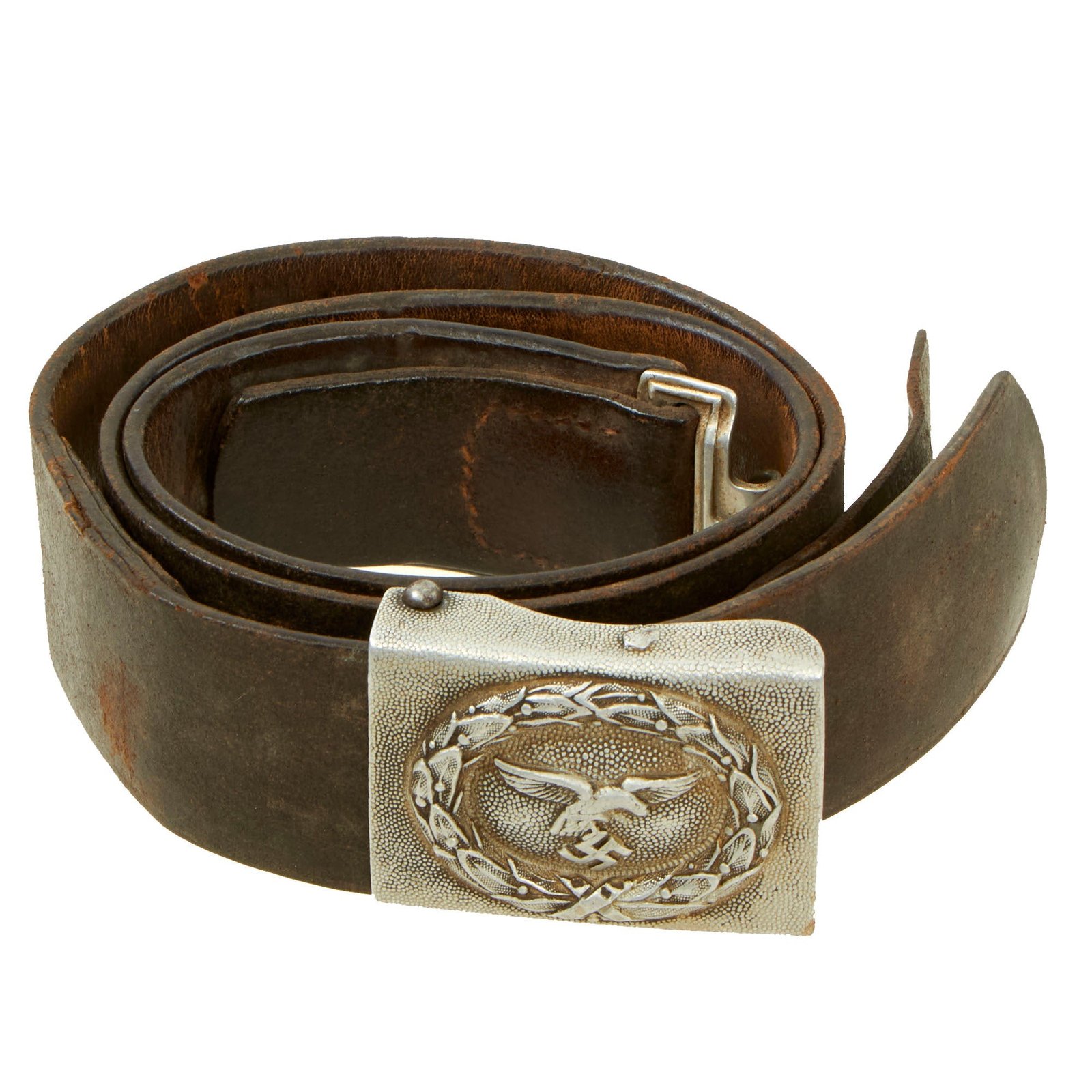 Buy Original German WWII EM/NCO Luftwaffe Paratrooper Pebbled "Droop Tail" Eagle Aluminum Buckle with Leather Belt | Original Firearms Antique For Sale