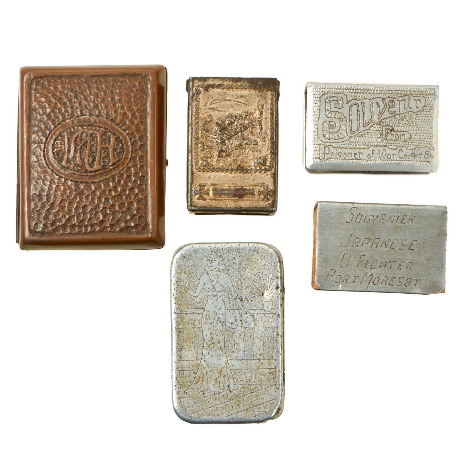 Buy Original U.S. WWI & WWII Souvenir Trench Art Matchbox Holders & Cigarette Case - 3 Made by German Prisoners of War - 5 Total | Original Firearms Antique For Sale