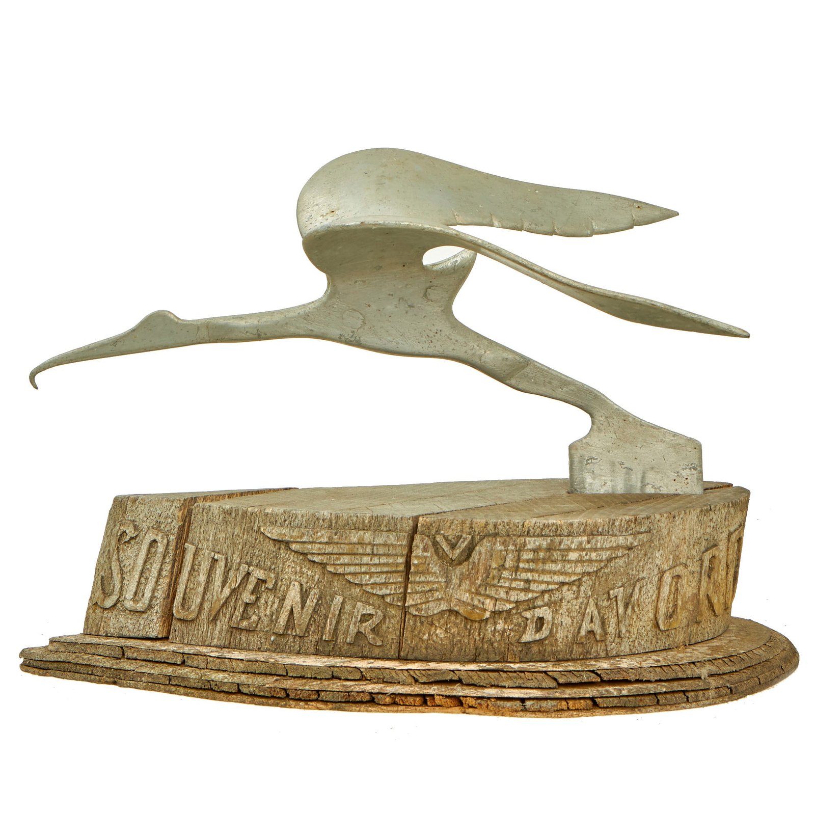 Buy Original French WWII Era Aluminum Crane Trench Art Avord Air Base Souvenir on Wood Base With Free French Air Force “Victory” Pilot Wings Relief | Original Firearms Antique For Sale