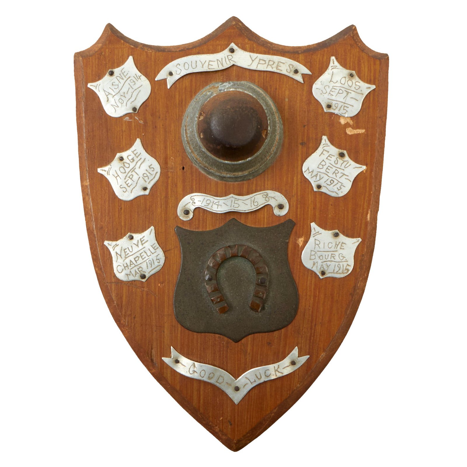 Buy Original British WWI Souvenir Wooden Shield with Battlefield Pickups Sent to Woman's V.A.D. Leader Mrs. Elizabeth Trimble | Original Firearms Antique For Sale