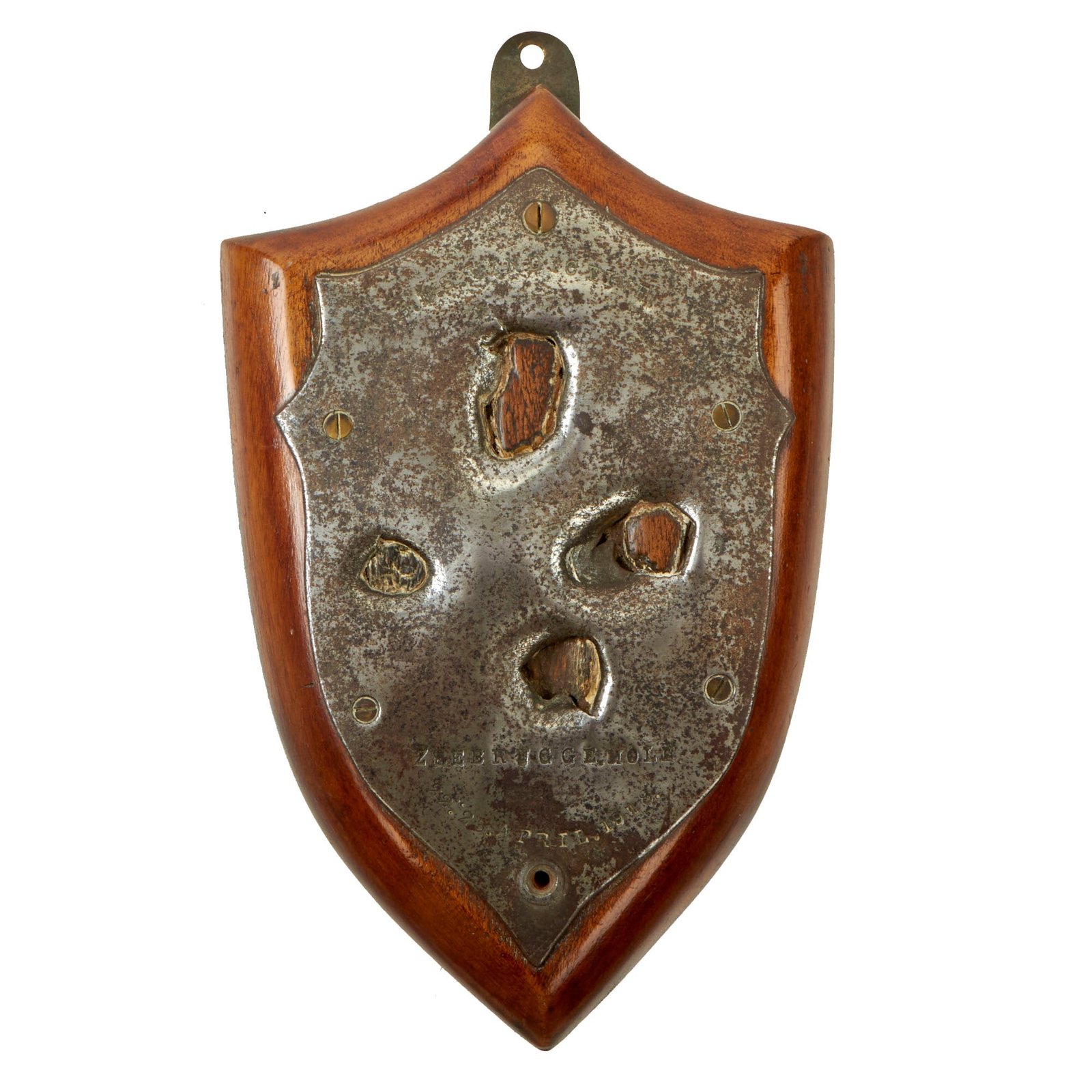 Buy Original British WWI Trench Art Wood Shield With Battle Damaged Steel Section From HMS Vindictive, Sunk During Zeebrugge Raid, As Featured In The Book “Trench Art, An Illustrated History” by Jane Kimball on Page 55 | Original Firearms Antique For Sale