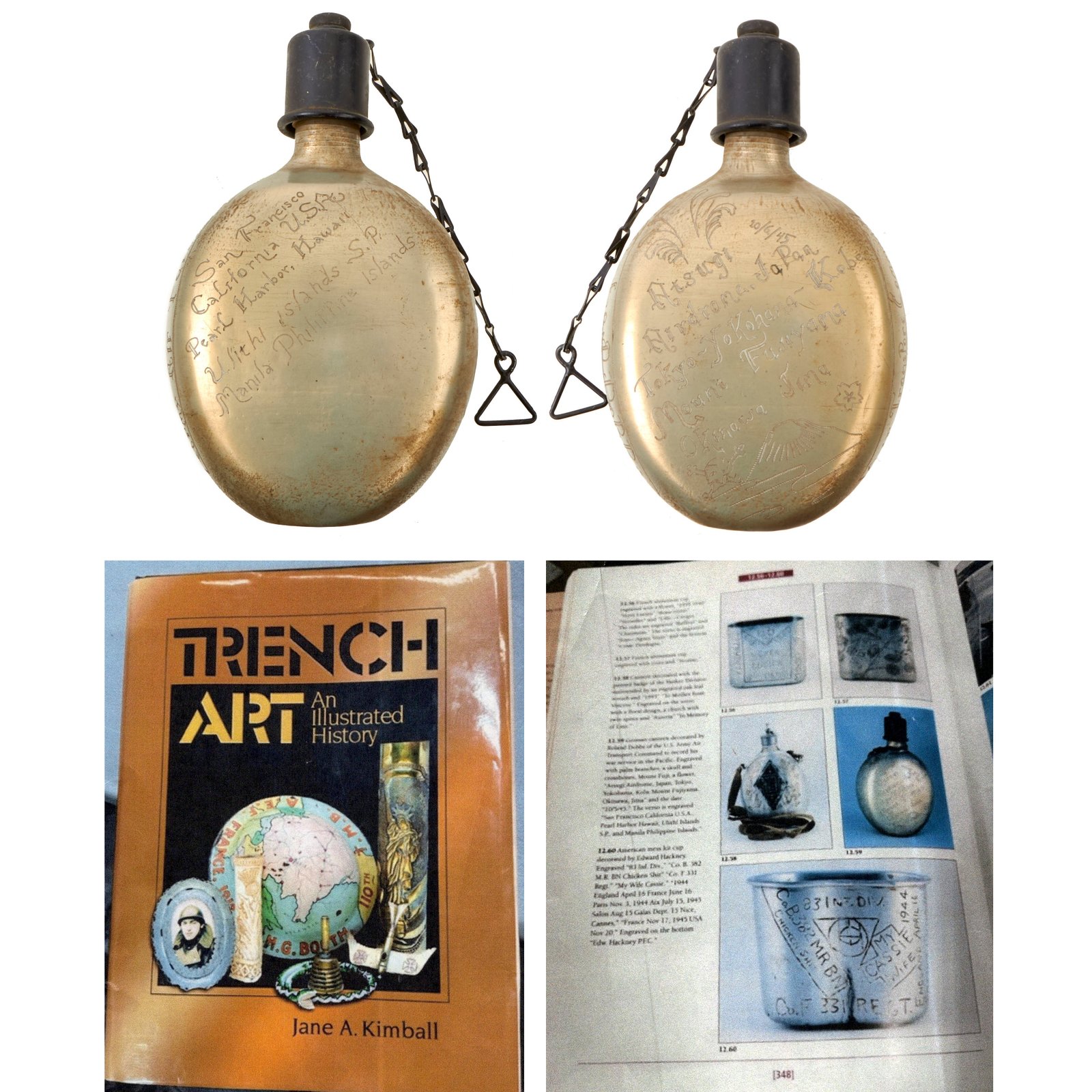 Buy Original U.S. WWII Trench Art Captured Japanese Canteen Personalized by Roland Dobbs, Air Transport Command, As Featured In The Book “Trench Art, An Illustrated History” by Jane Kimball on Page 348 | Original Firearms Antique For Sale