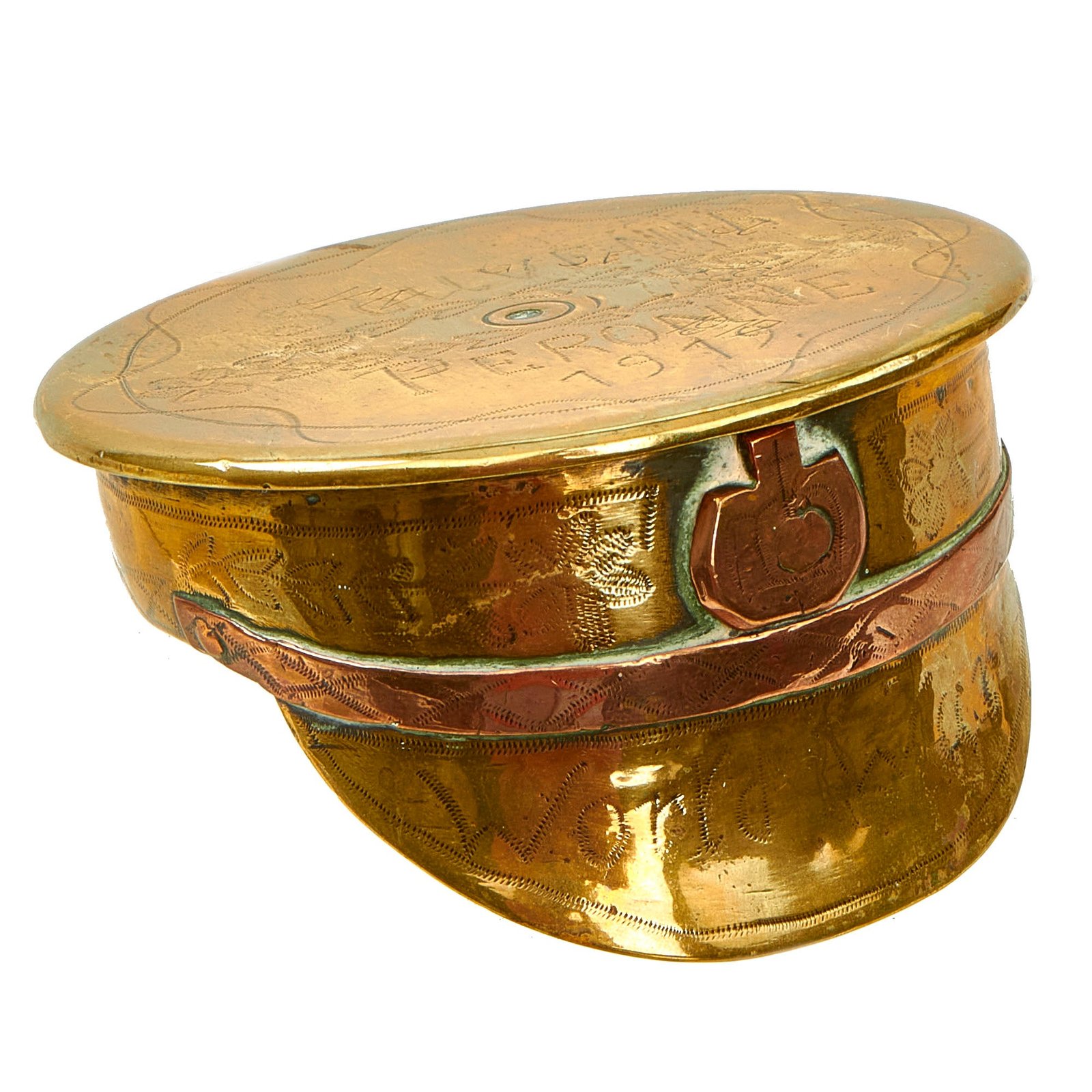 Buy Original British WWI Trench Art “Souvenir of Peronne” Peaked Visor Cap Made From German 77mm Shell Casing | Original Firearms Antique For Sale