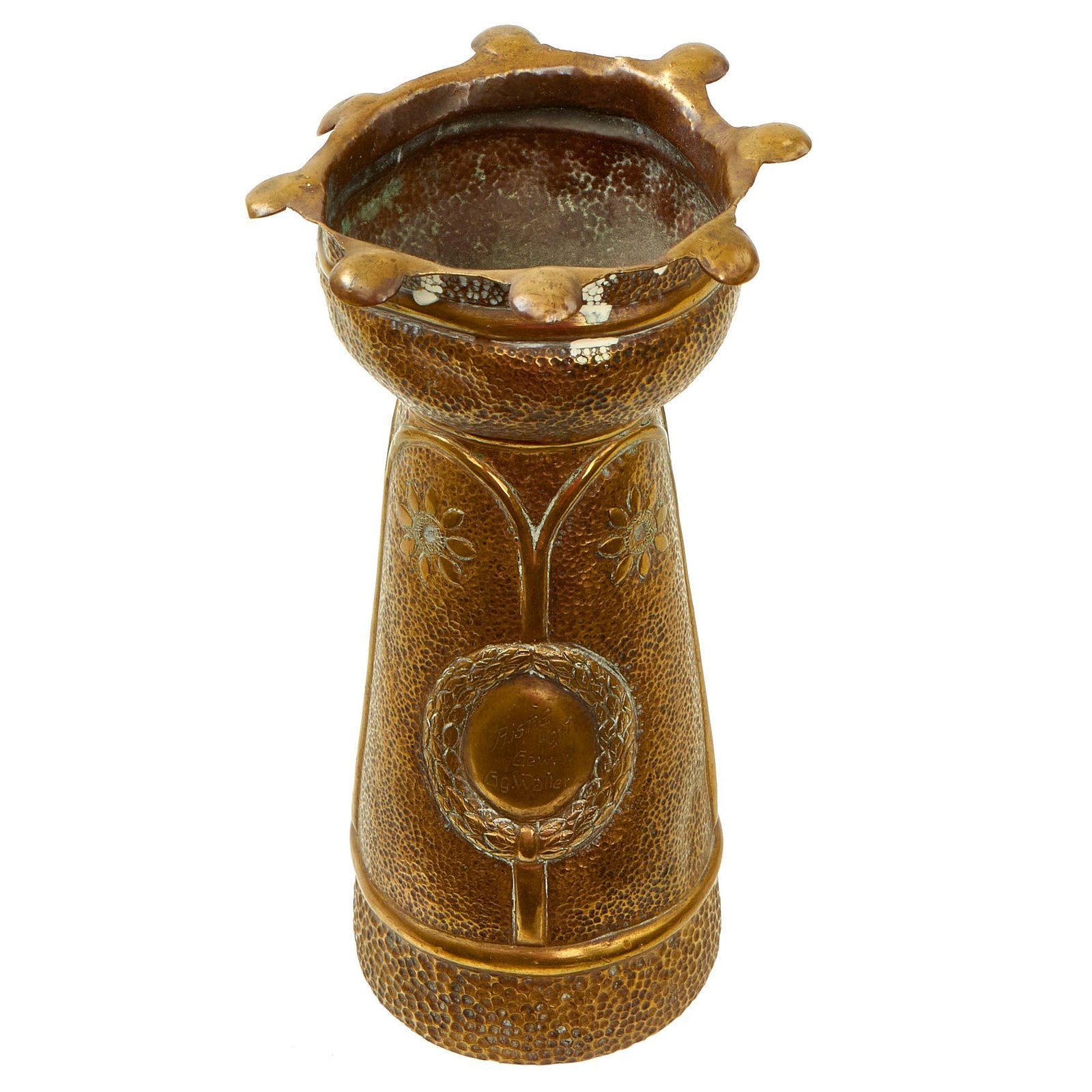 Buy Original Imperial German Deutsche Luftstreitkräfte Air Service Shell Casing Trench Art Vase With Relief of Bavarian Pilot’s Badge | Original Firearms Antique For Sale