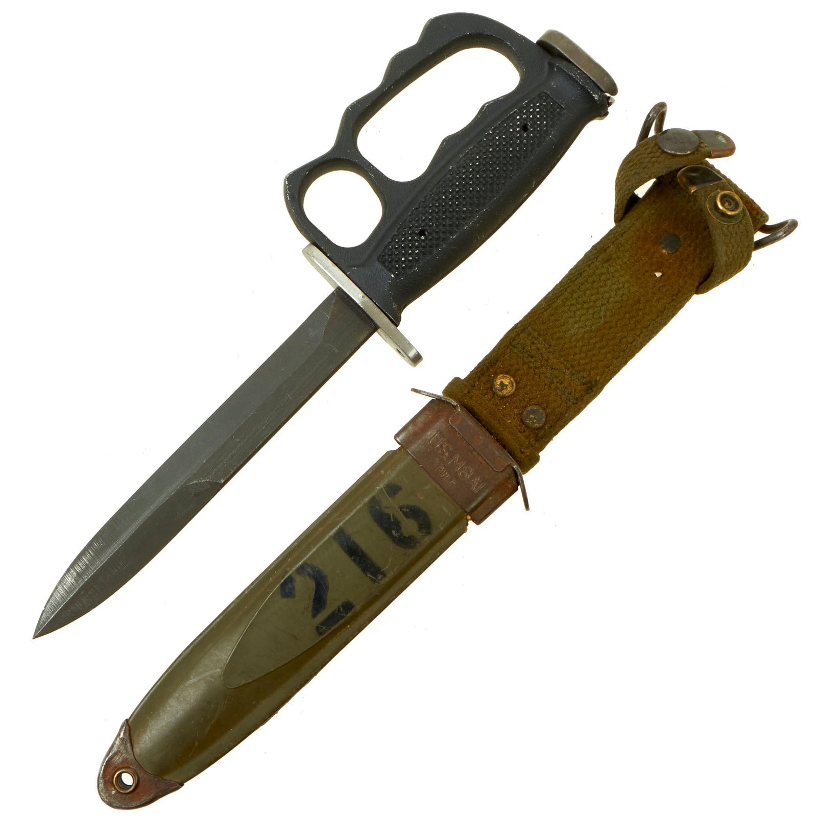Buy Original U.S. 1980s M7 Bayonet with Experimental Aluminum Knuckle Guard and Vietnam Era M8A1 Scabbard - Modified With M5A1 Bayonet Crossguard | Original Firearms Antique For Sale