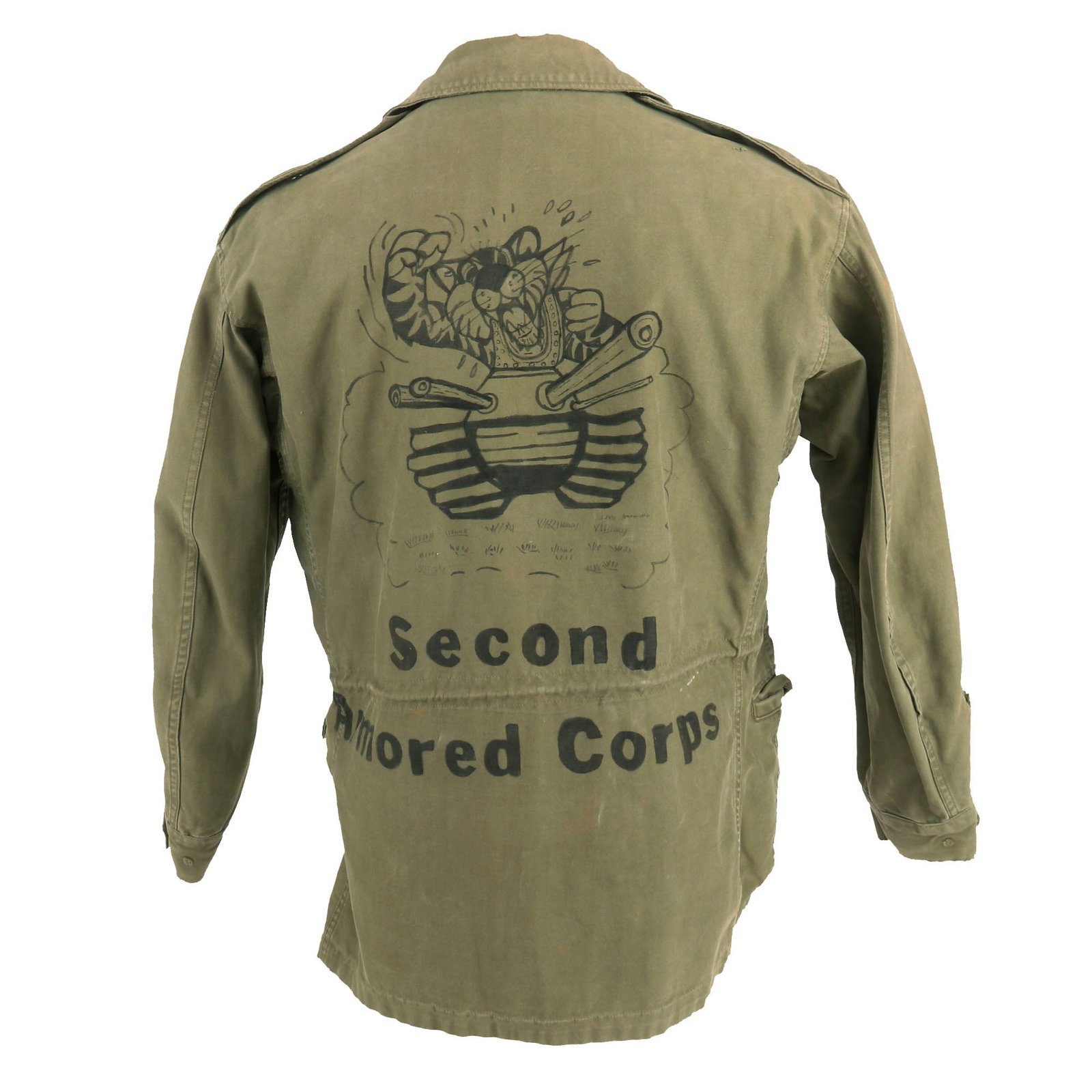 Buy Original U.S. WWII M43 Field Jacket Korean War Used and Personalized by II Armored Corps Member - Size 34S | Original Firearms Antique For Sale