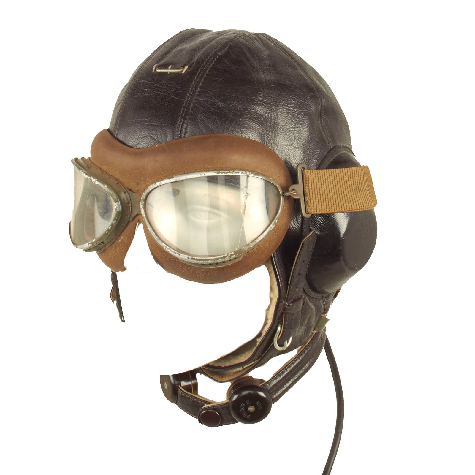 Buy Original German WWII Luftwaffe LKpW101 Leather Winter Flying Helmet by DeTeWe with Avionics & Goggles - Size 57cm | Original Firearms Antique For Sale