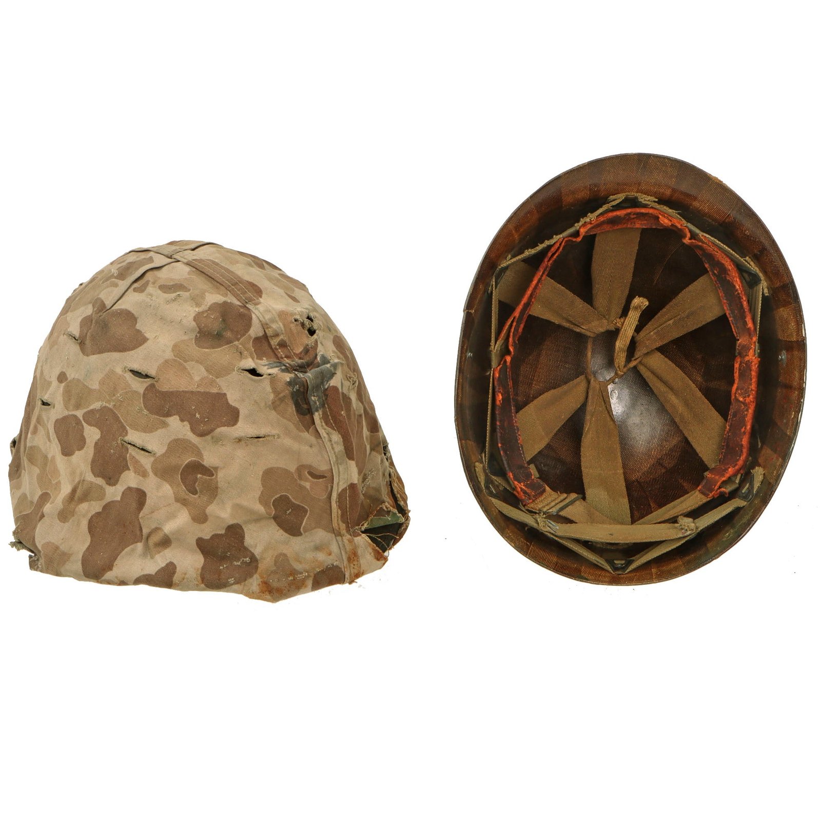Original U.S. WWII Korean War USMC McCord Fixed Bale M1 Helmet with IMP Liner & Torn USMC Cover With Stenciled Eagle, Globe and Anchor