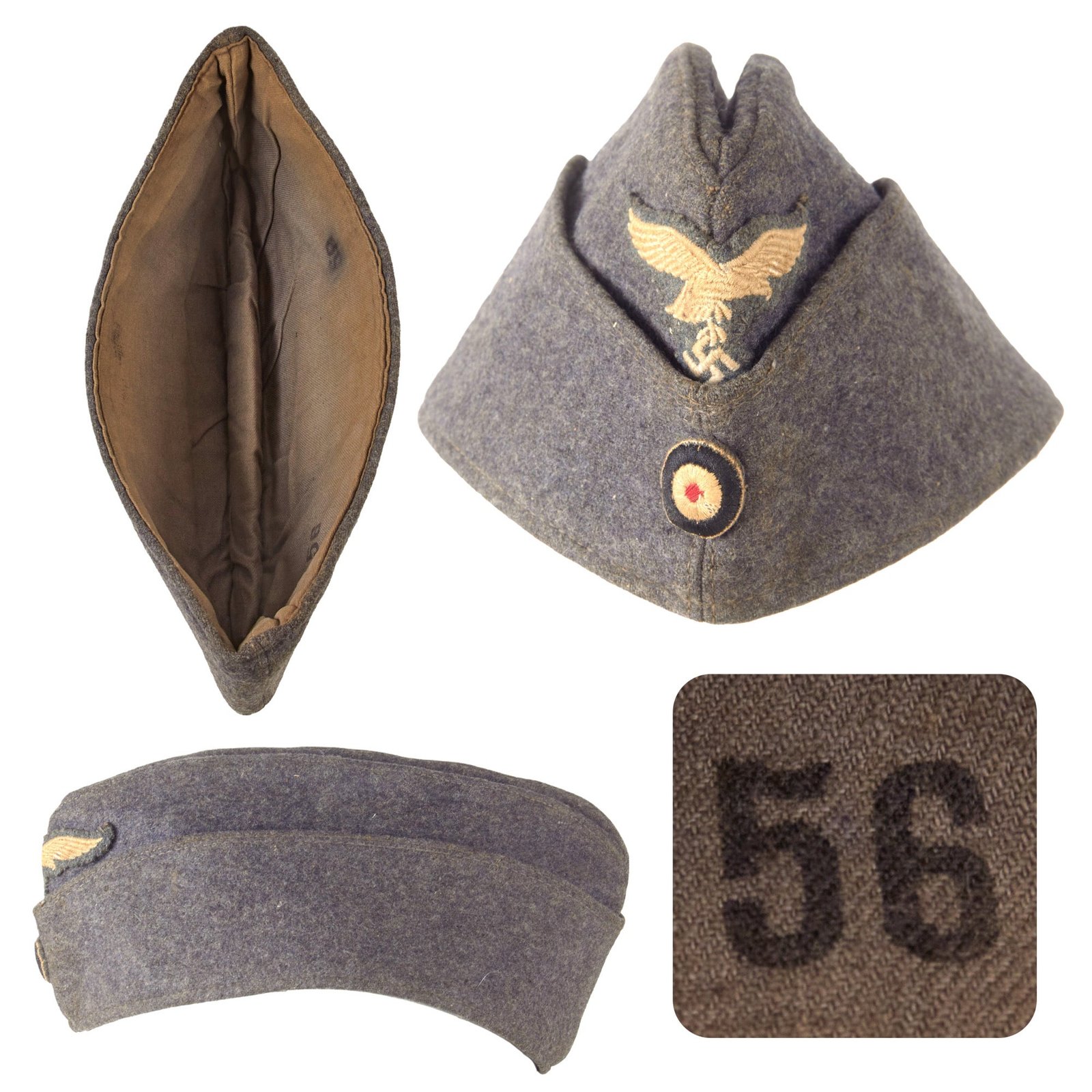 Original German WWII Luftwaffe EM-NCO Wool M38 Overseas Cap in Size 56 - Schiffchen