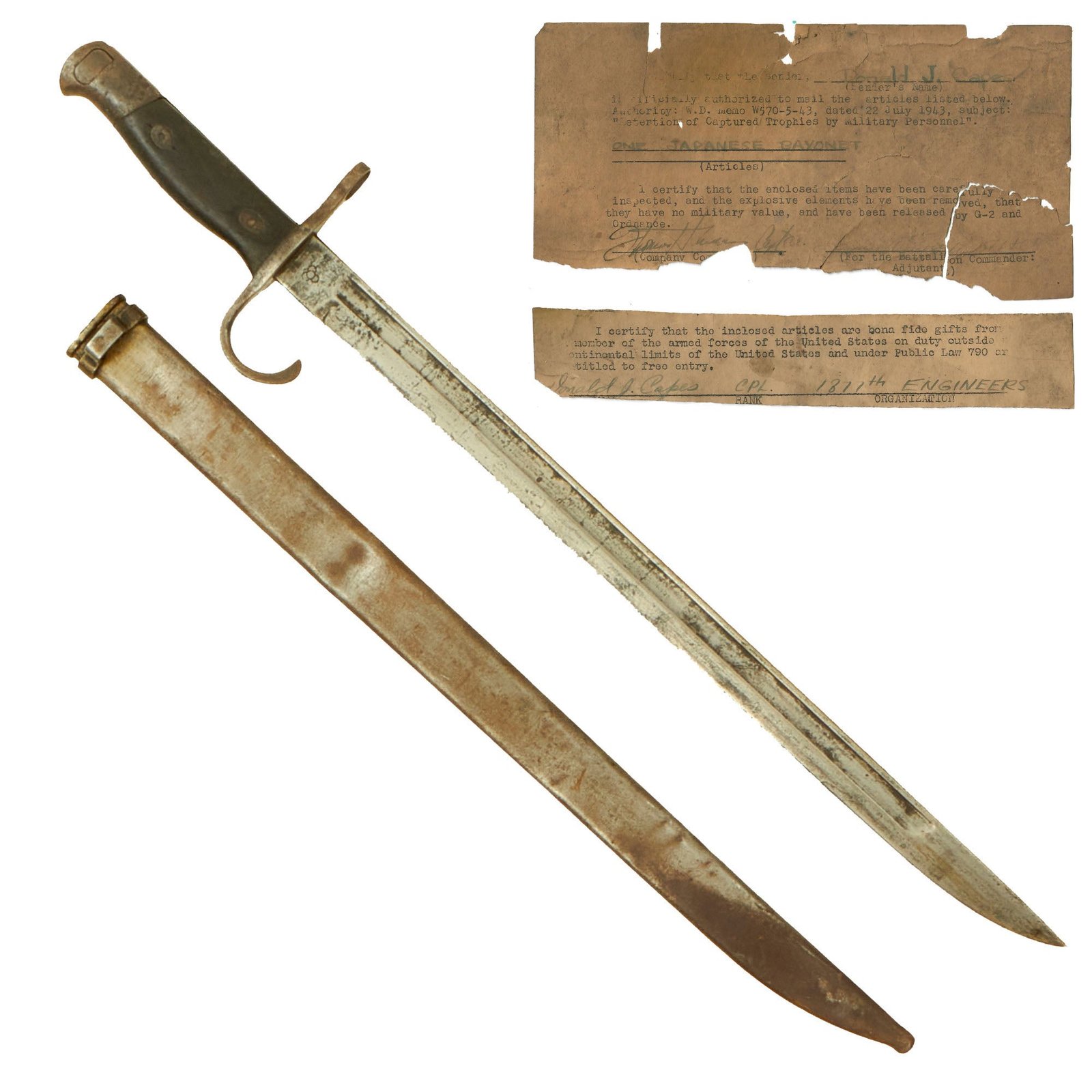 Buy Original Japanese Pre-WWII Arisaka Type 30 Bayonet by Kokura Arsenal with Scabbard - Captured with Document by Cpl Donald Capes, CBI, 1877th Engineers | Original Firearms Antique For Sale