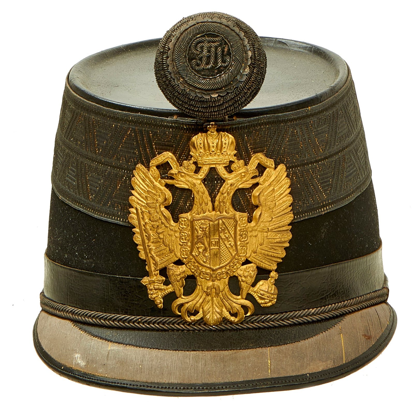 Buy Original 19th Century Imperial Austrian Infantry Officer Shako With Cockade, Rain Cover and Chinstrap - Size 56 ½ | Original Firearms Antique For Sale