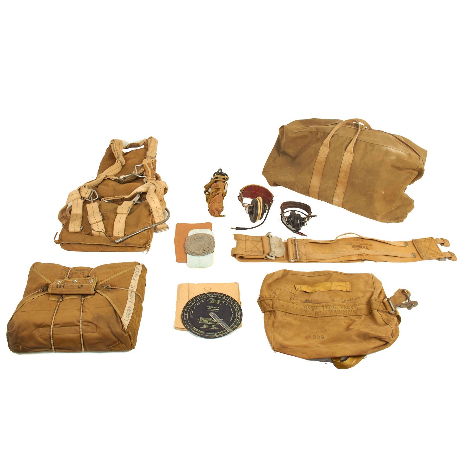 Buy Original U.S. WWII Army Navy Marine Corps Fighter Pilot AN-6510 Seat Parachute Harness and Kit Bag by Switlik Parachute Company With Oxygen Bottle, Headsets and Instruments - Parachute Dated October 1942 | Original Firearms Antique For Sale