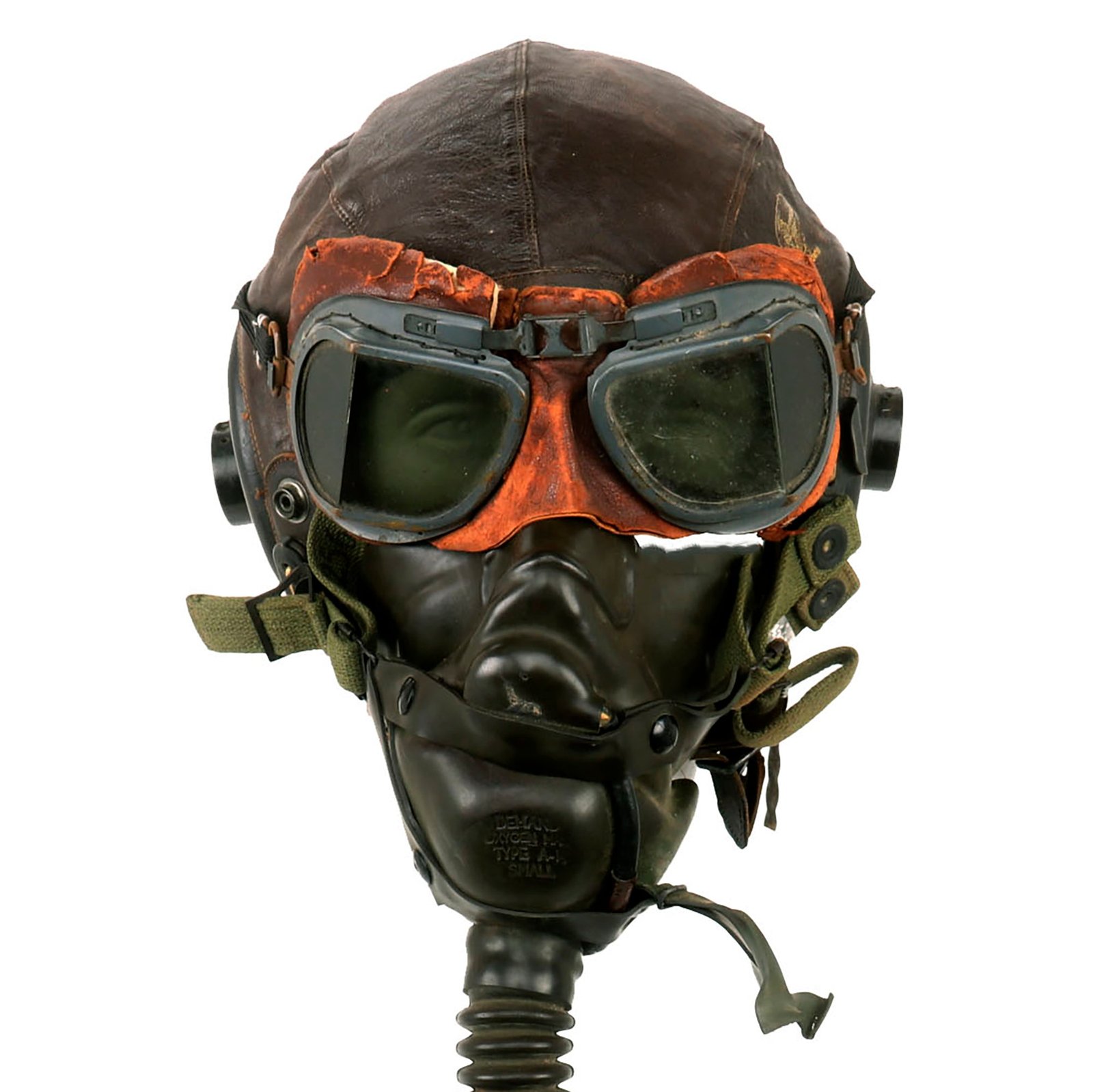 Buy Original U.S. WWII Named USAAF Aviator Flight Helmet Set - British RAF Mk VIII Goggles, A-11 Helmet, & Type A-14 Oxygen Mask | Original Firearms Antique For Sale