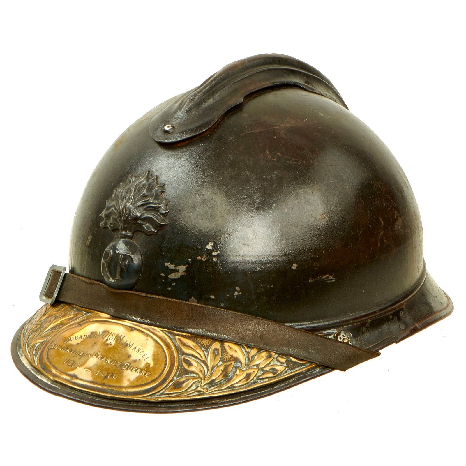 Buy Original French WWI Issue Model 1915 Adrian Helmet in Horizon Blue with RF Badge With Soldat De La Grande Guerre Plaque - Complete | Original Firearms Antique For Sale