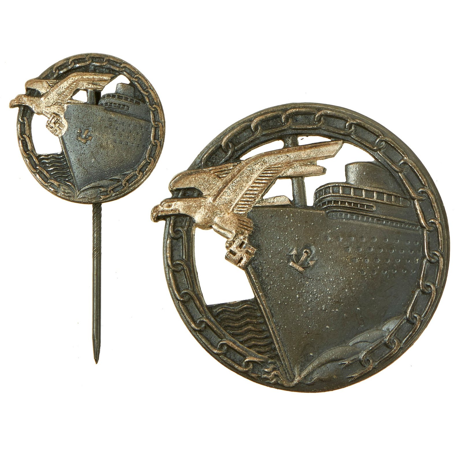 Buy Original German WWII Military Naval Blockade Runner Badge by A.G.M.u.K. Gablonz with Civilian Badge Pin | Original Firearms Antique For Sale