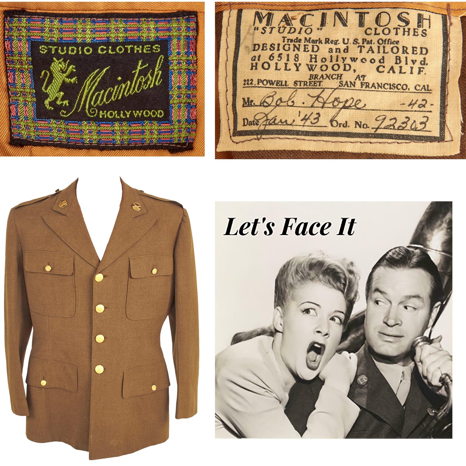 Buy Original U.S. 1943 Bob Hope Hollywood Film "Let’s Face It" WWII Class A Uniform Jacket by Macintosh Studio Clothes | Original Firearms Antique For Sale