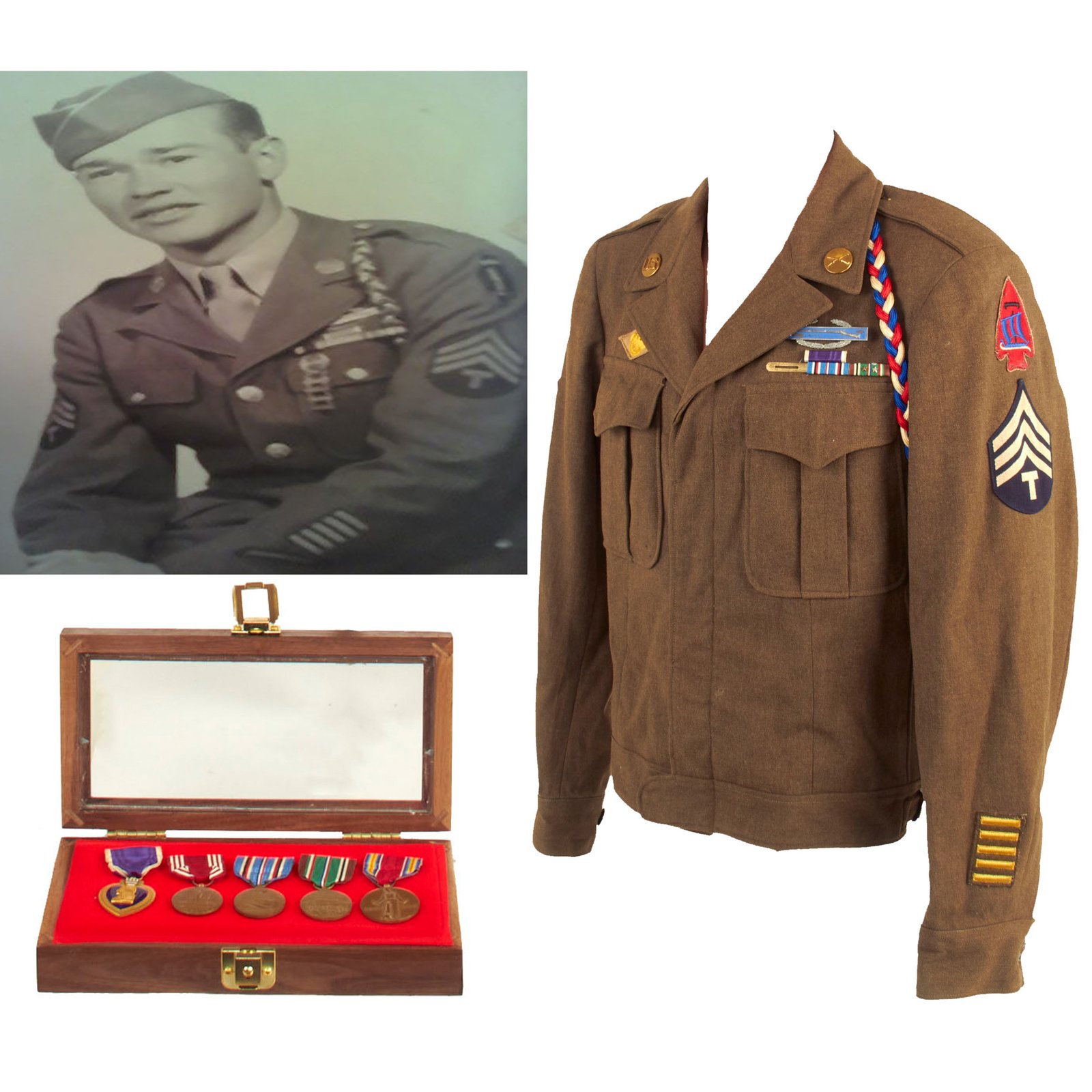 Buy Original U.S. WWII First Special Service Force Commando Grouping for Automatic Rifleman Technician 4th Grade Larry L. Dennis - Ike Jacket and (5) Medals Including Purple Heart | Original Firearms Antique For Sale