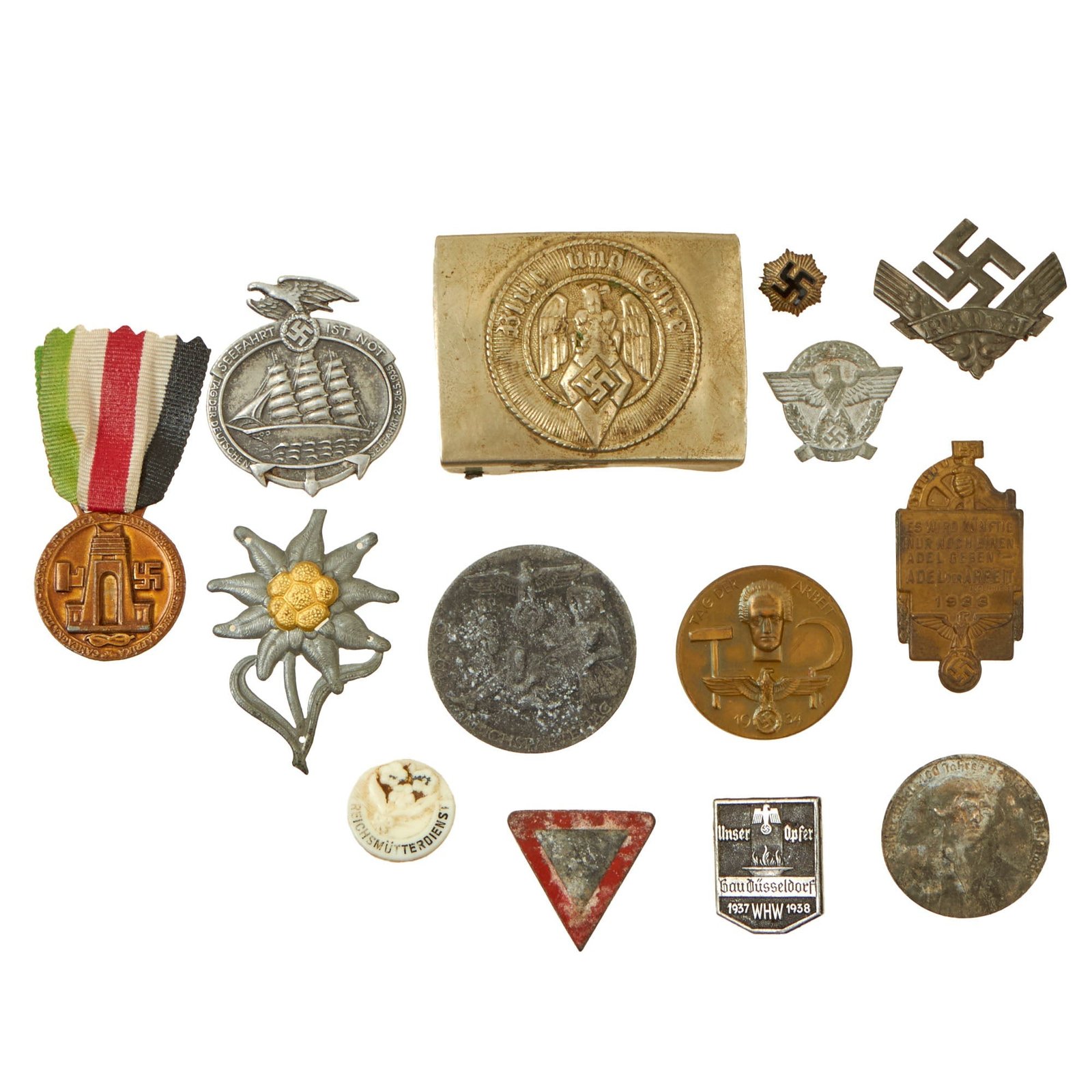 Buy Original German WWII Belt Buckle, Award & Tinnie Grouping with Italian-German Africa Medal & HJ Buckle - 14 Items | Original Firearms Antique For Sale