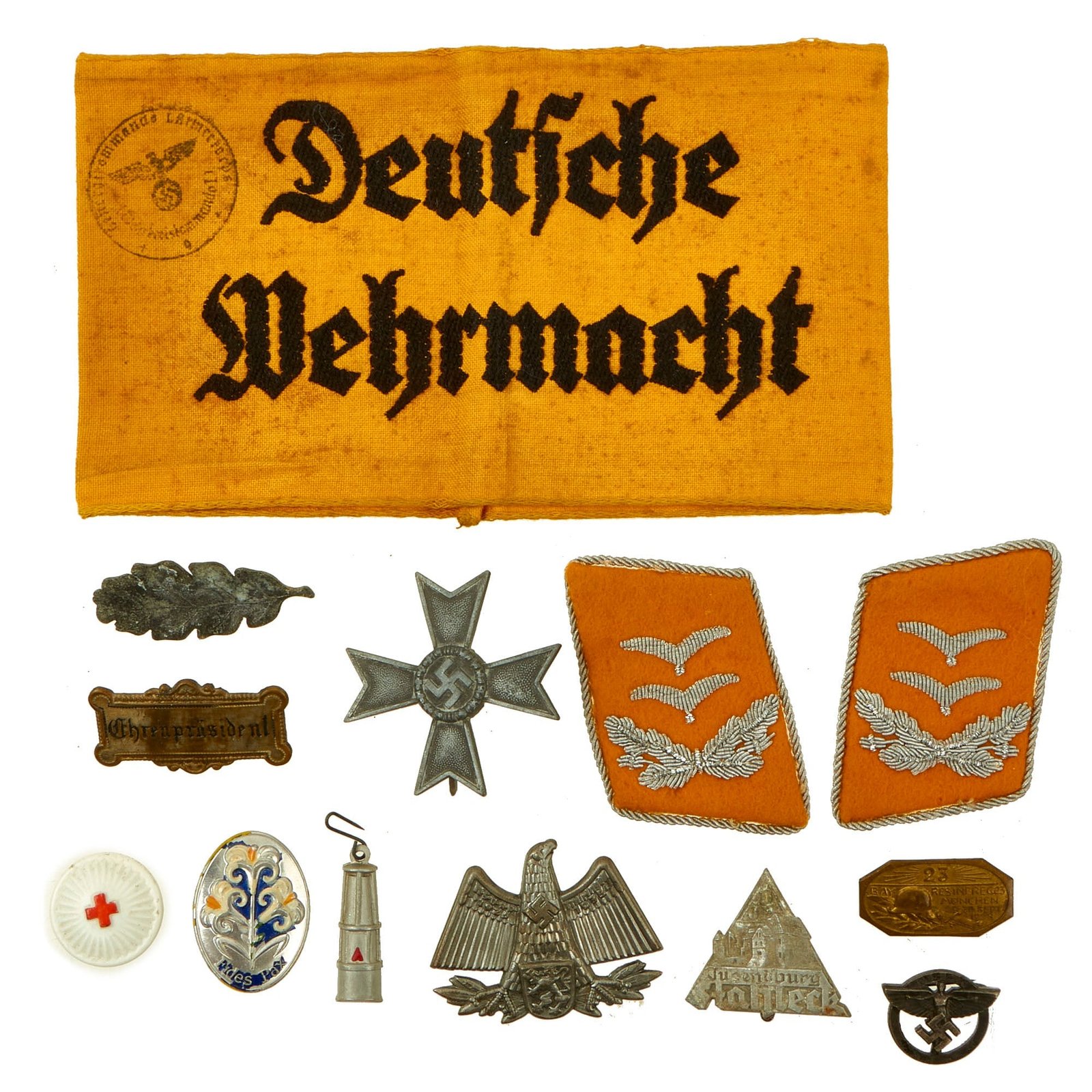 Buy Original German WWII USGI Bring Back Tinnie & Insignia Grouping with Deutsche Wehrmacht Armband & KVK I - 12 Items | Original Firearms Antique For Sale