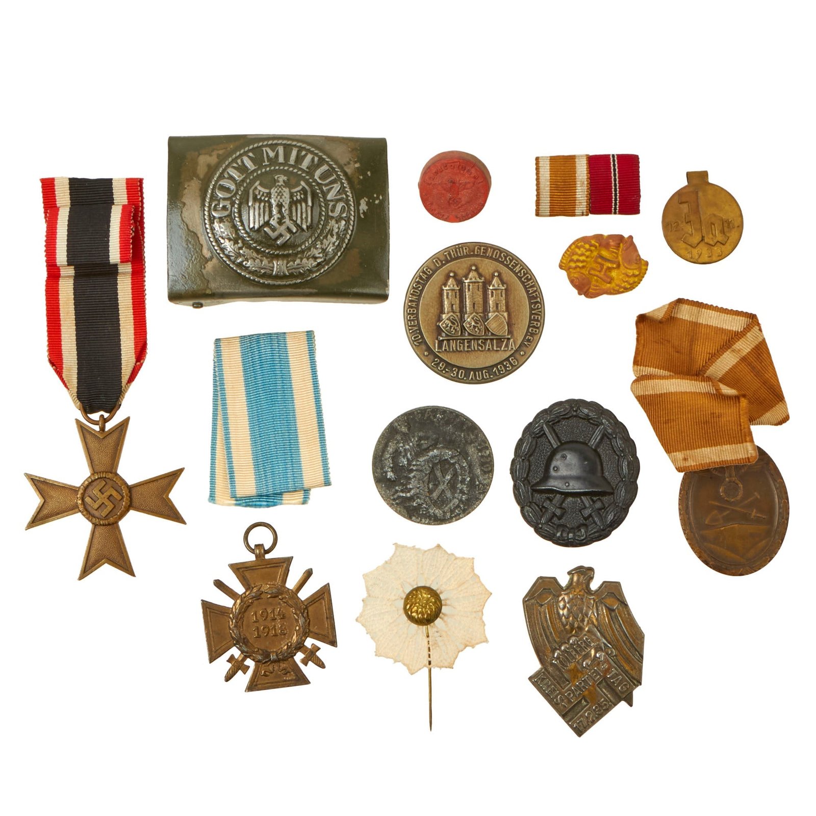 Buy Original German WWI - WWII Belt Buckle, Award & Tinnie Grouping with KvKII, Hindenburg Cross, & More - 13 Items | Original Firearms Antique For Sale