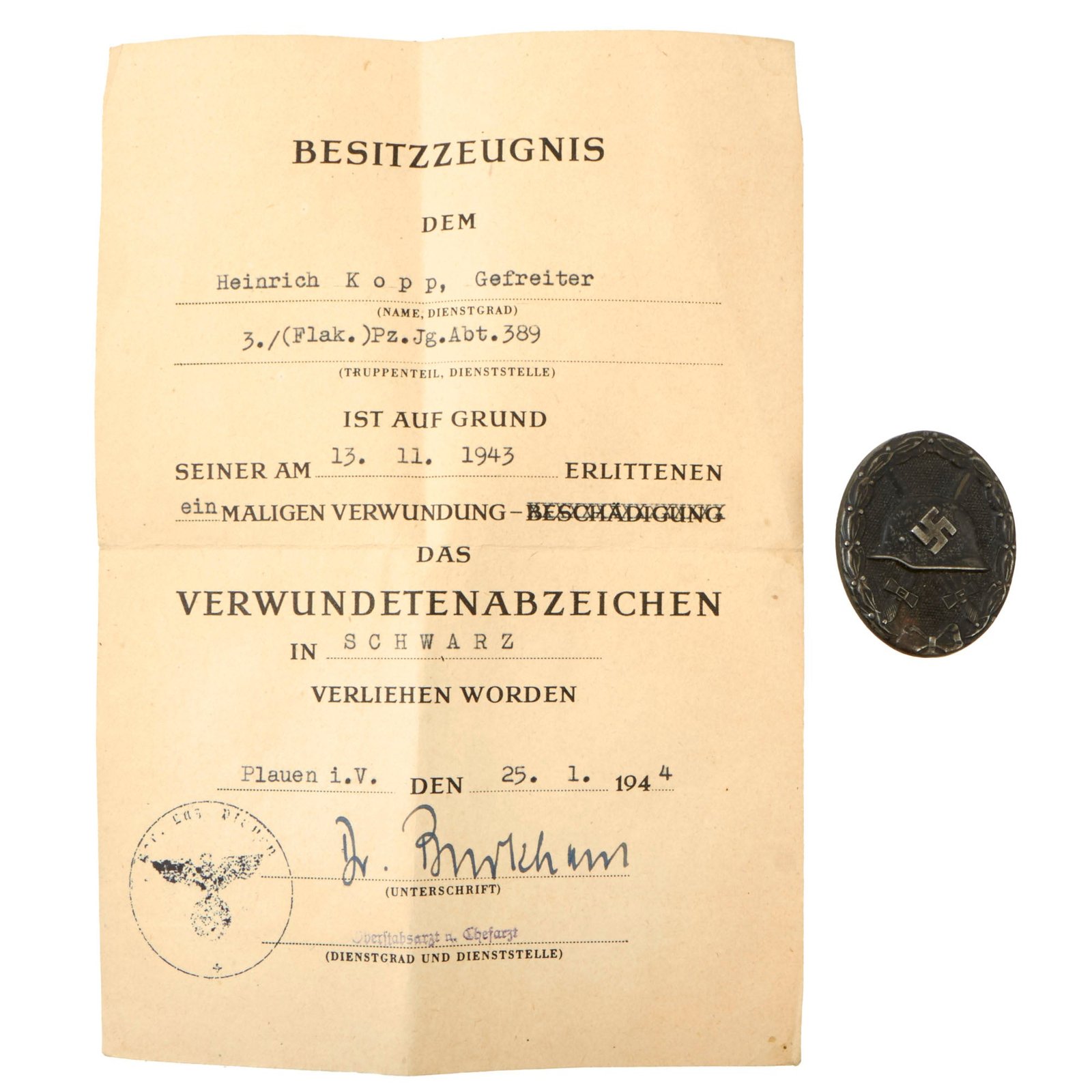 Buy Original German WWII Black 3rd Class Wound Badge by Klein & Quenzer with Named Award Document - Dated 1943 | Original Firearms Antique For Sale