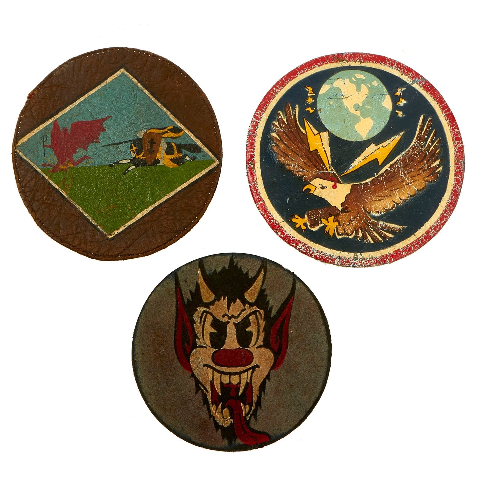 Buy Original U.S. WWII Era A-2 Leather Flight Jacket Painted Leather Squadron Patches for 69th Fighter Squadron, 3rd Observation Squadron and 91st Observation Squadron - 3 Patches | Original Firearms Antique For Sale