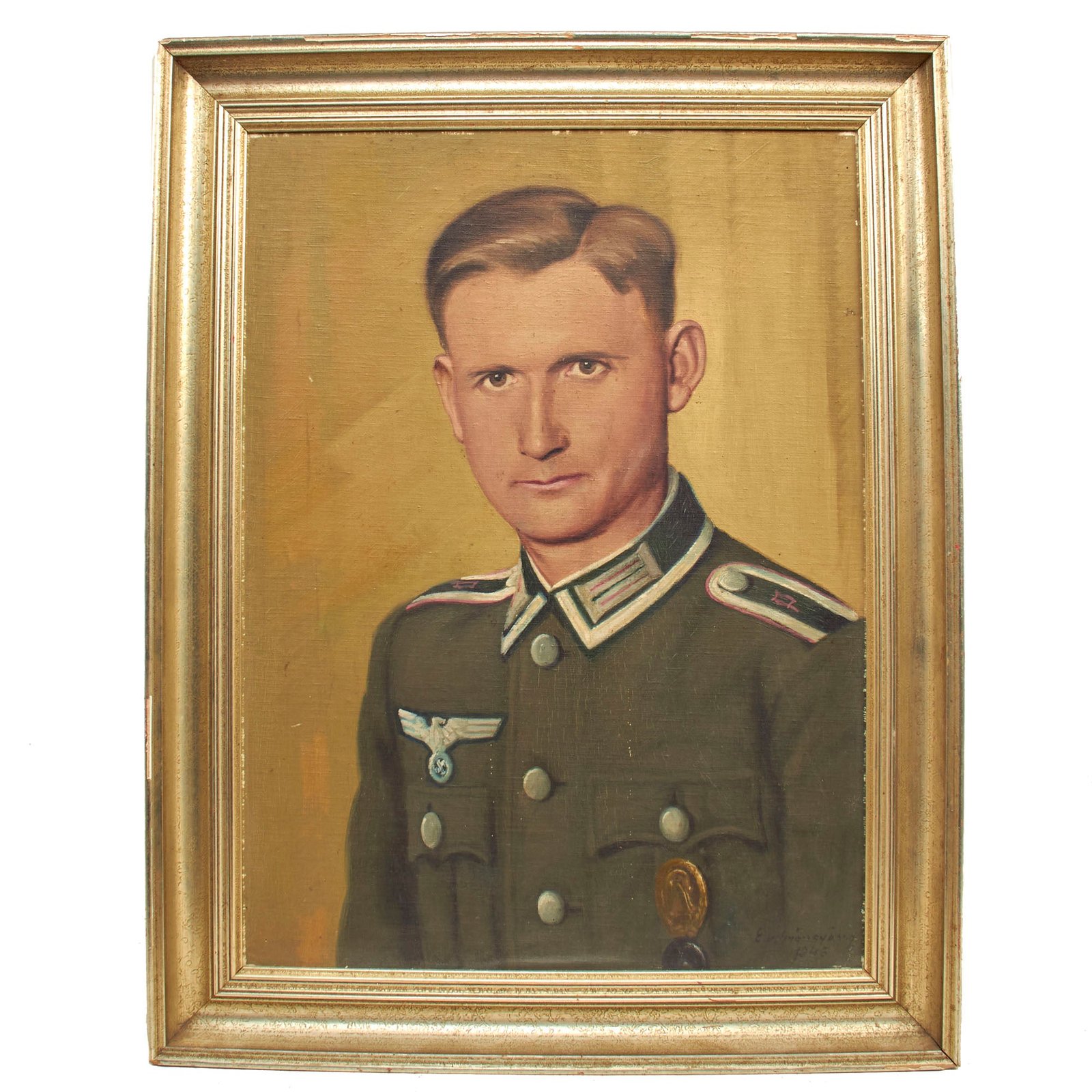 Buy Original German WWII Panzerjäger Anti-Tank Unteroffizier NCO Framed Portrait Painting - Signed and Dated 1945 - 22" x 28" | Original Firearms Antique For Sale