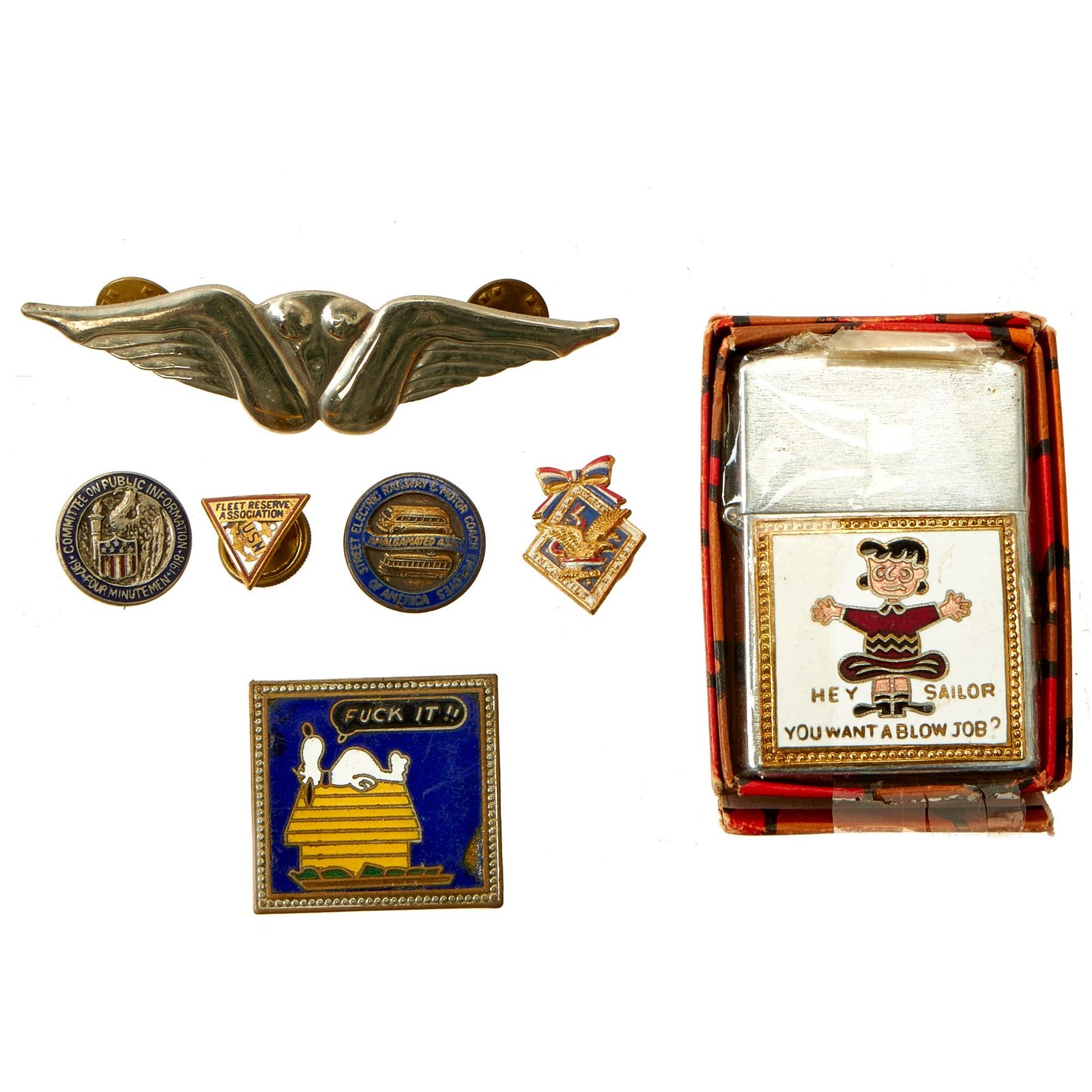Buy Original U.S. Vietnam War Era “Bush Pilot” Explicit Novelty Grouping Featuring Arlo Flip Top Zippo Style Lighter and More - 7 Items | Original Firearms Antique For Sale