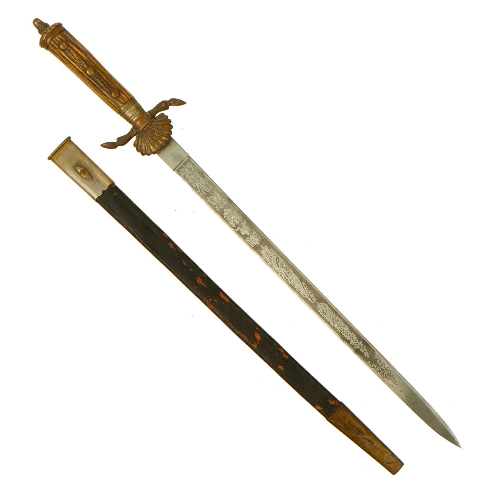 Buy Original Imperial German WWI Hirschfänger Stag Handle Forestry Dress Cutlass with Named Scabbard | Original Firearms Antique For Sale