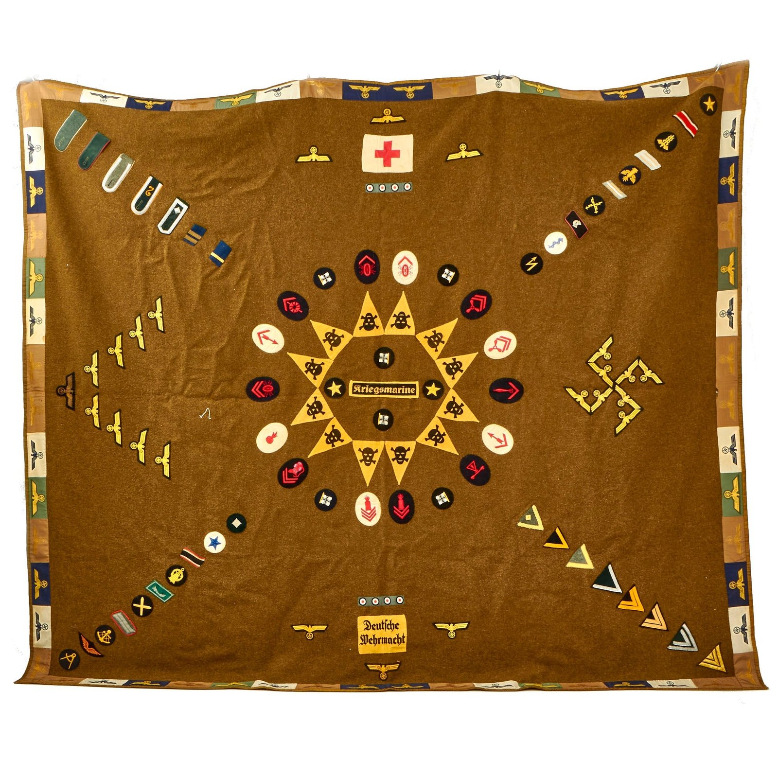 Buy Original U.S. WWII Bring Back Souvenir Wool Army Trophy Blanket Covered with 140 German Kriegsmarine Navy & Heer Army Patches & Insignia - 78" x 67" | Original Firearms Antique For Sale