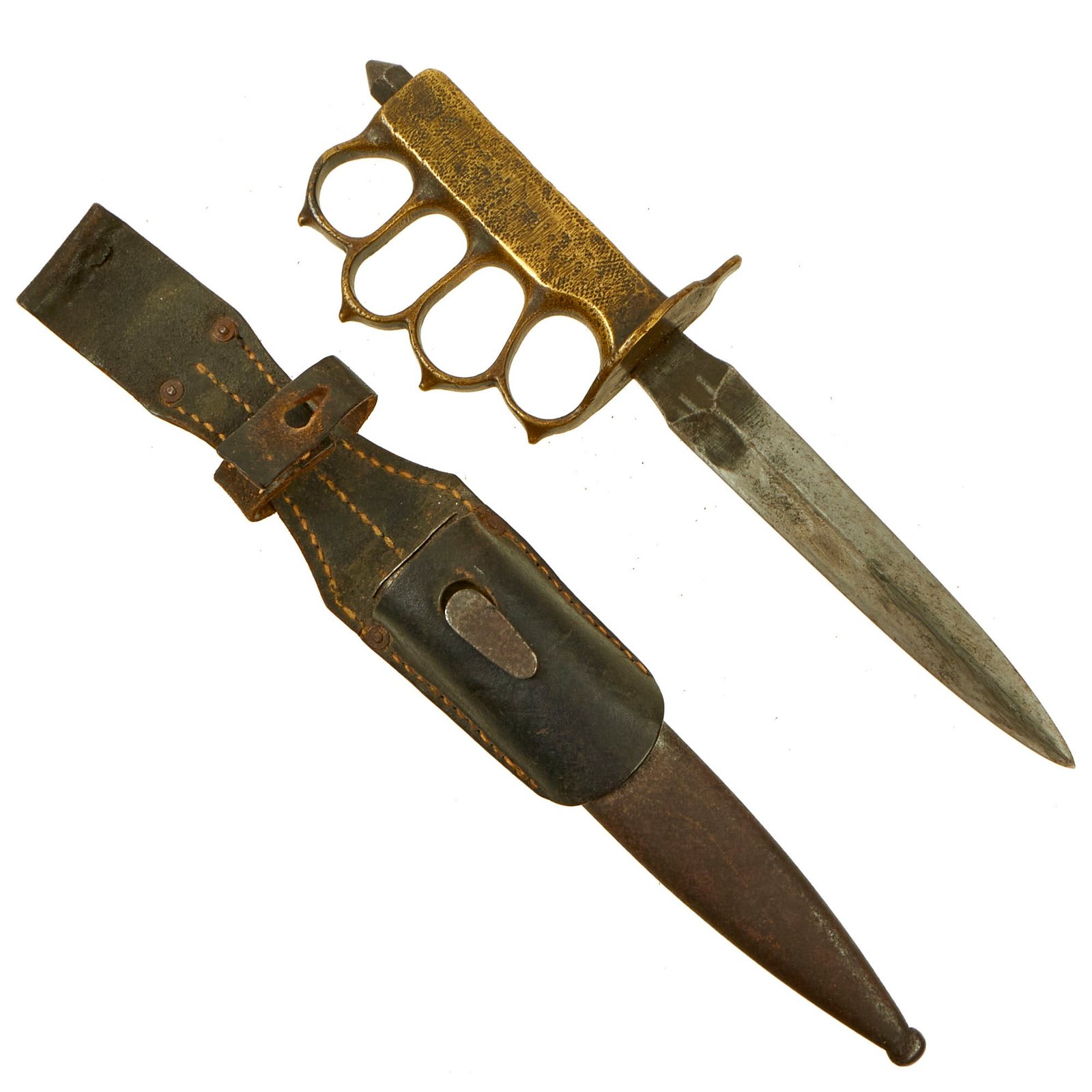 Buy Original U.S. WWI/WWII Model 1918 Mark 1 Trench Knife “Paratrooper” Modified with Cut Down German 98k Frog and Scabbard | Original Firearms Antique For Sale