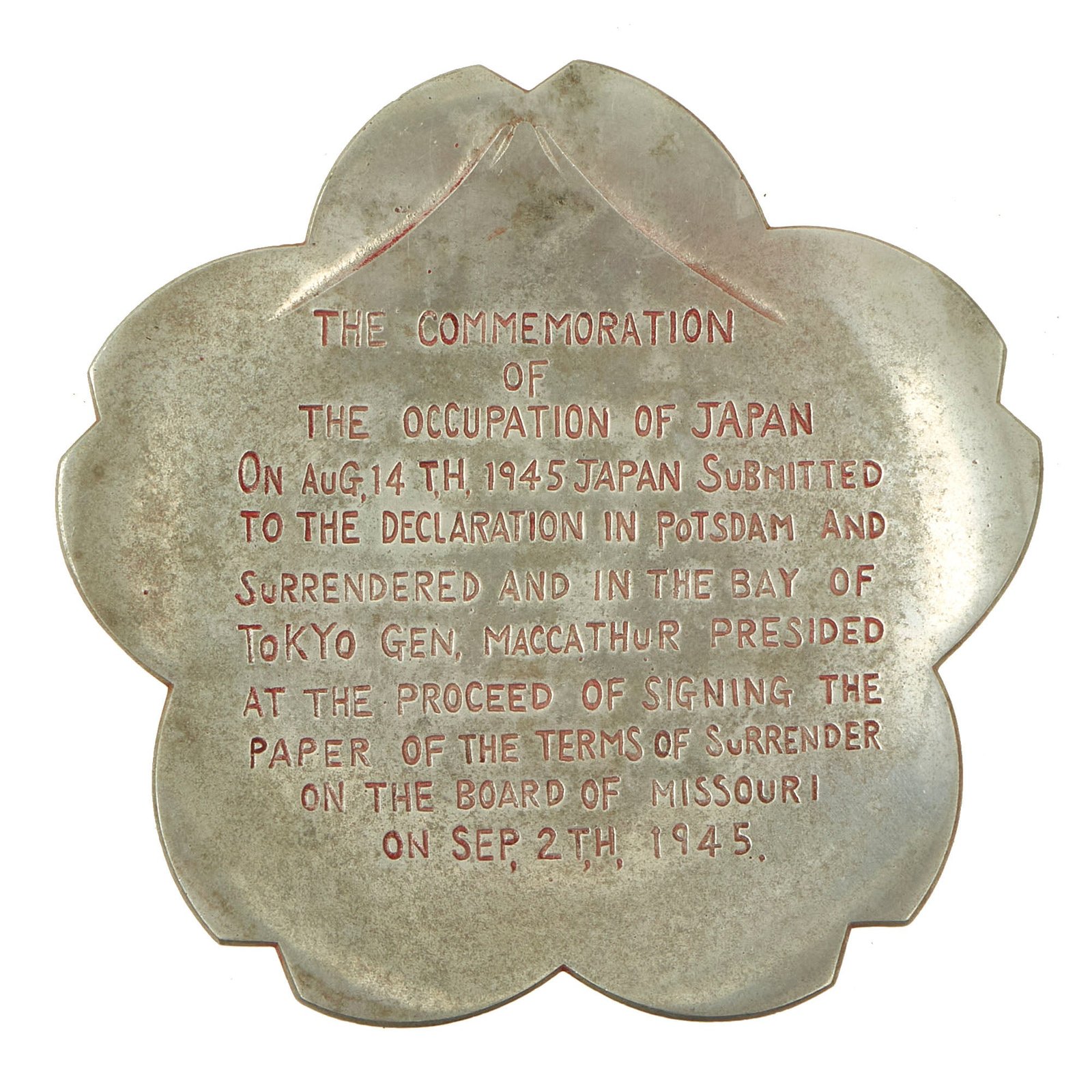 Buy Original U.S. WWII Japanese Made Aluminum Commemorative Plate For The Occupation of Japan | Original Firearms Antique For Sale
