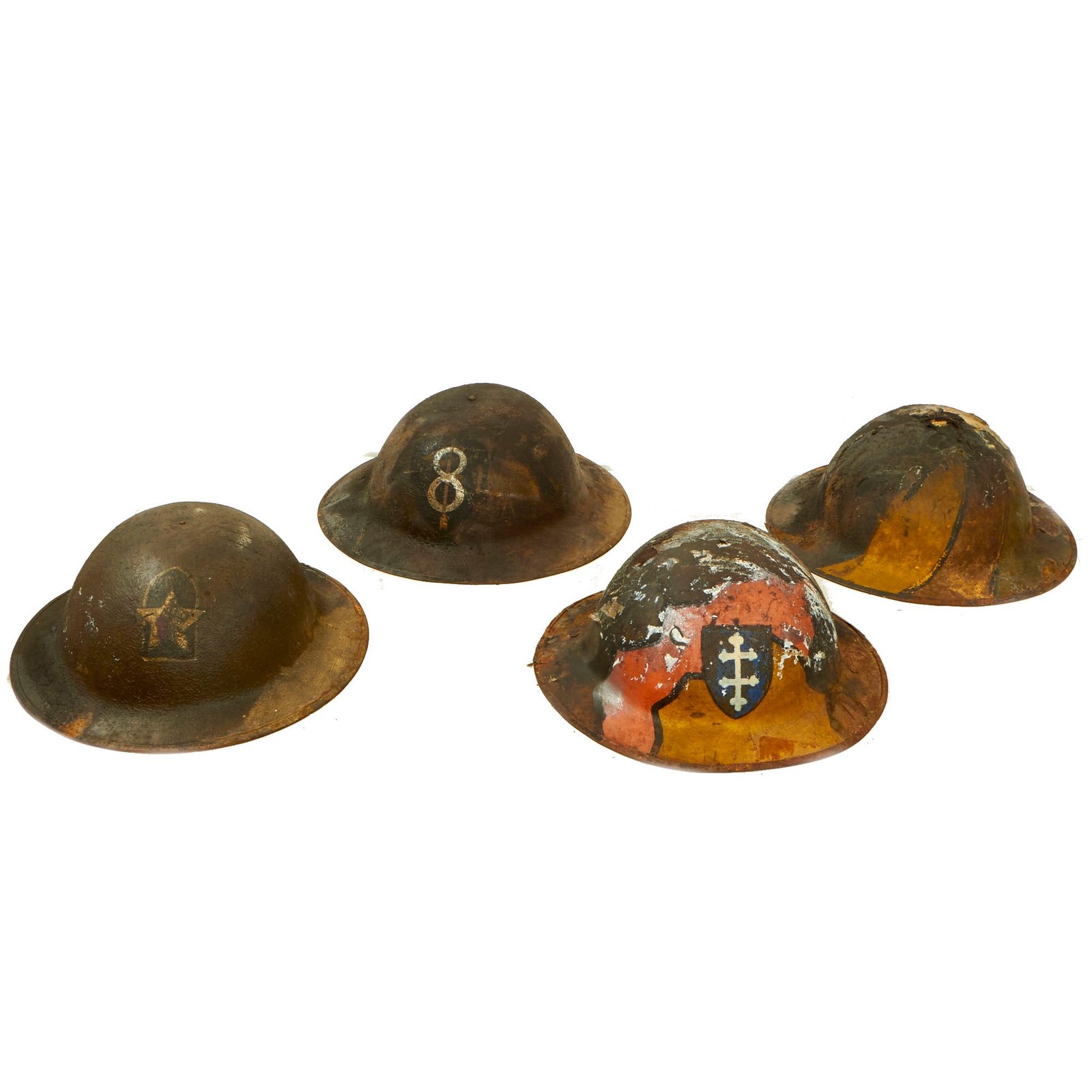 Buy Original U.S. WWI Collection of Unit Marked M1917 Doughboy Fire Marred Helmets Featuring Indian Head Painted Named 17th Field Artillery Regiment Shell - 4 Helmets | Original Firearms Antique For Sale