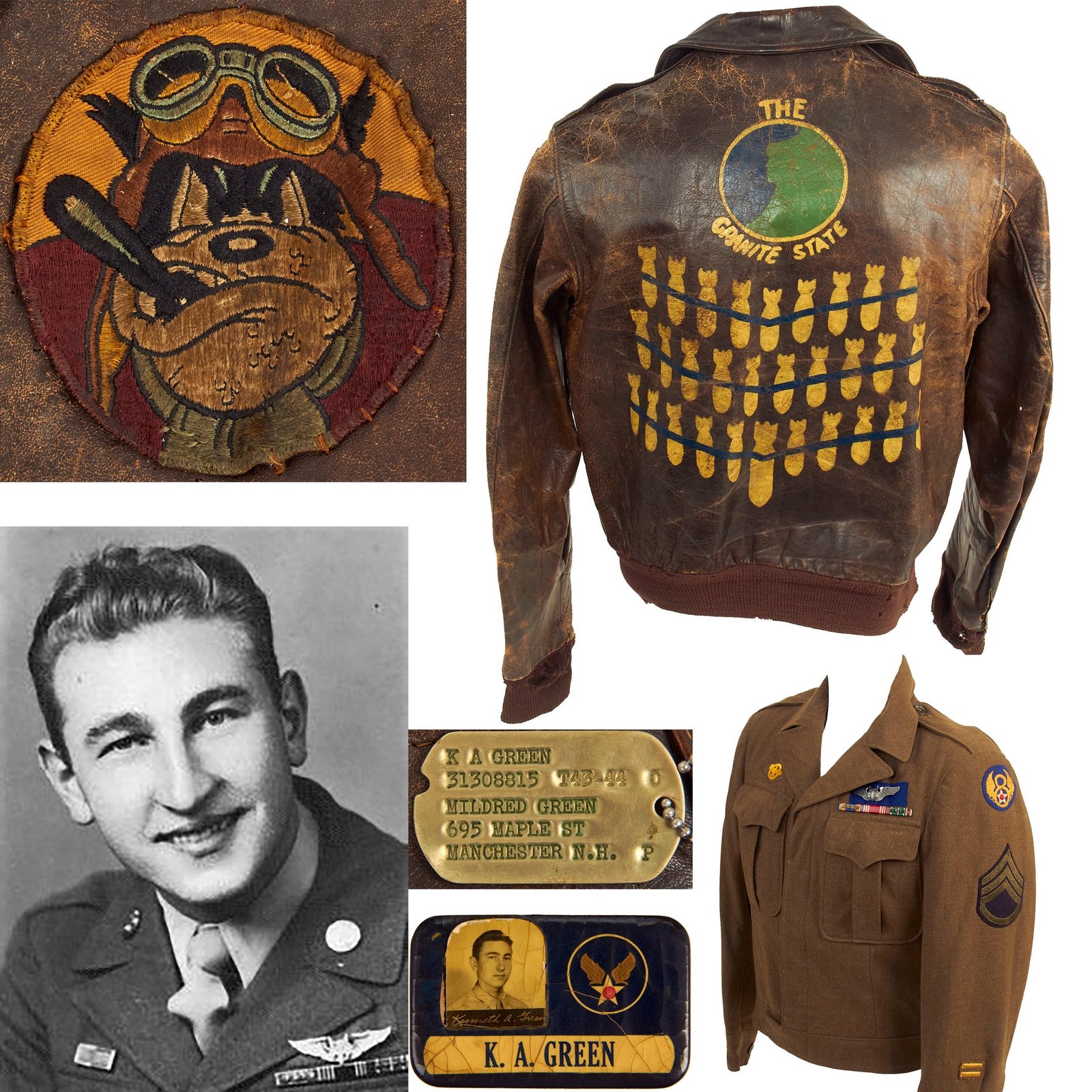 Buy Original U.S. WWII 8th Air Force B-17 GRANITE STATE Painted A-2 Leather Flight Jacket of Waist Gunner Sgt. Kenneth Green With Ike Jacket and Research Binder | Original Firearms Antique For Sale