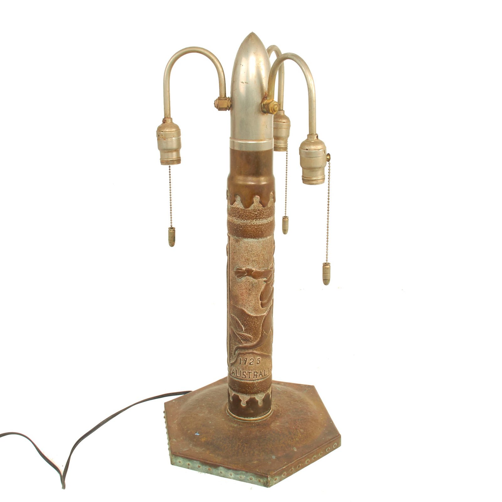 Buy Original U.S. Pre WWII U.S. Fleet Transpacific Cruise to Australia and New Zealand in 1925 Inert US Navy 3 Inch / 50 Caliber Shell Trench Art Lamp | Original Firearms Antique For Sale