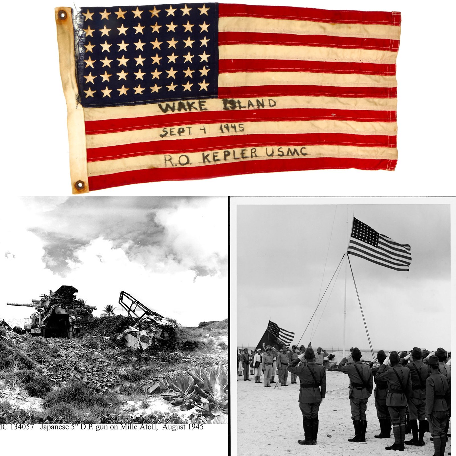 Buy Original U.S. WWII 48 Star American Flag Signed by USMC Photographer R. O. Kepler On Sept. 4, 1945 at the Wake Island Surrender - Photographed Surrender and First American Flag Being Raised Over The Island Since Japanese Capture - 15” x 30” | Original Firearms Antique For Sale