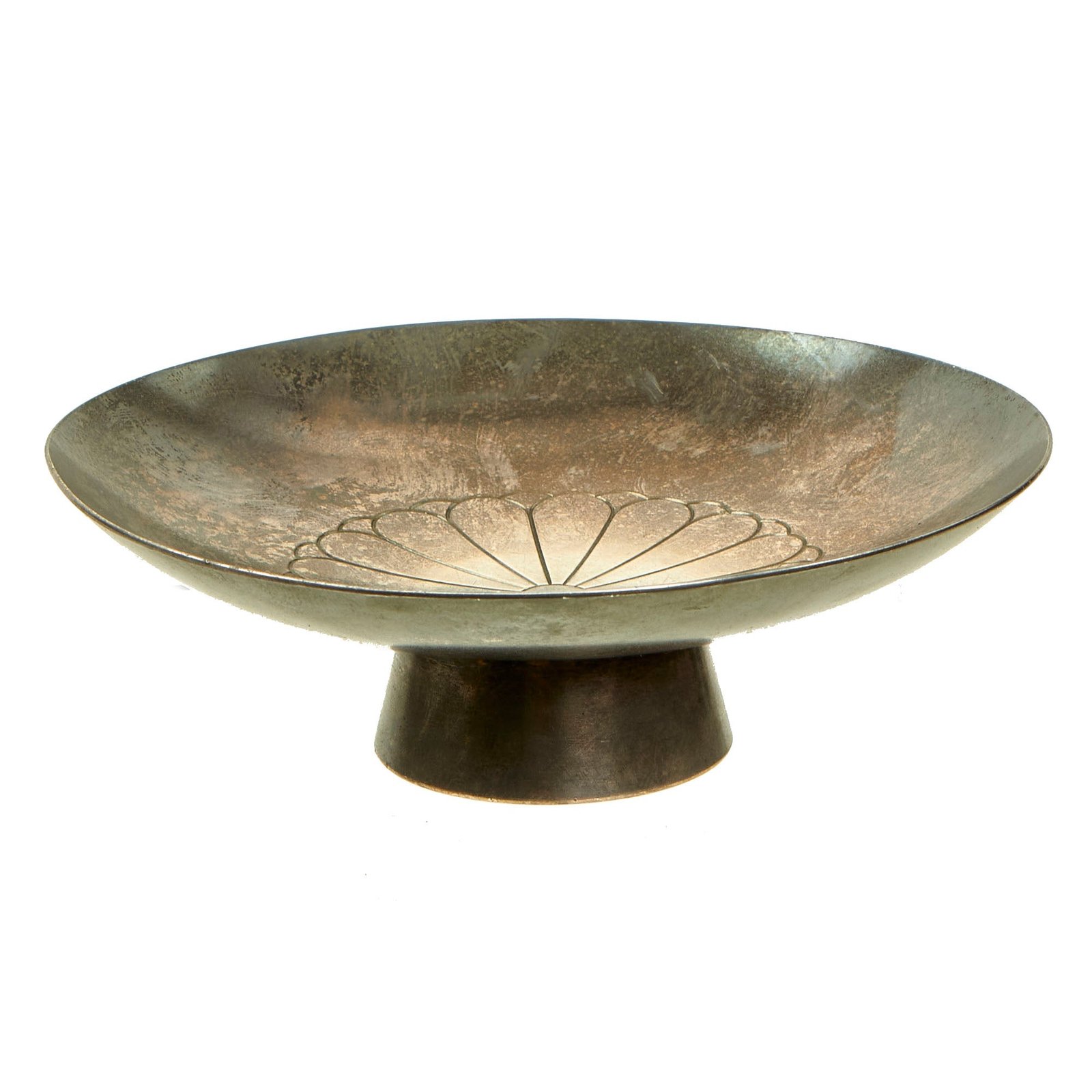 Buy Original Imperial Japan WWII Era Kanji Marked Large Silver Sakazuki Dish Featuring Imperial Seal of Japan - Chrysanthemum Seal | Original Firearms Antique For Sale