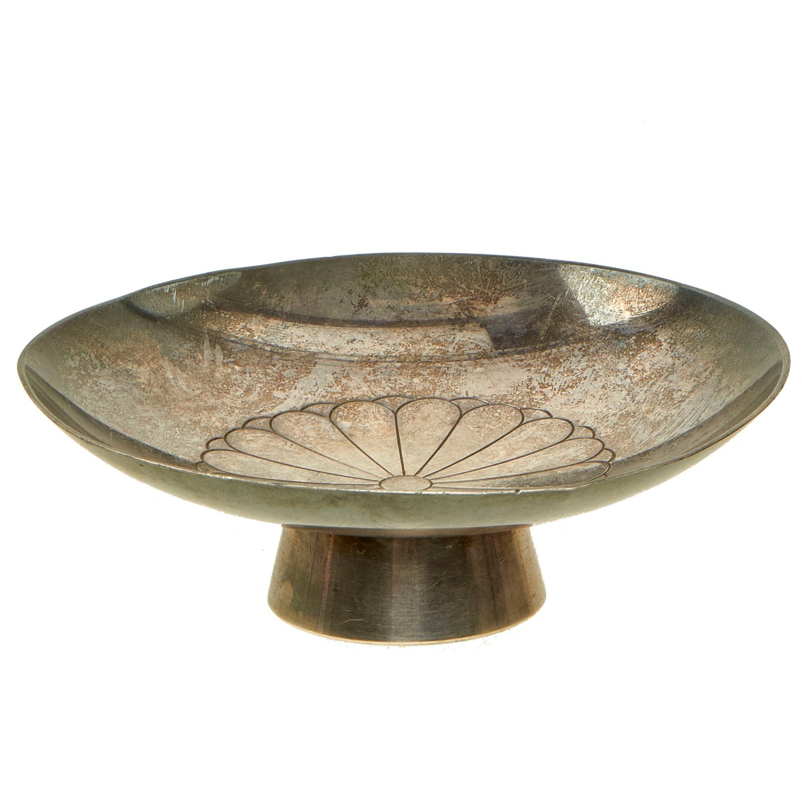 Buy Original Imperial Japan WWII Era Kanji Marked Large Silver Sakazuki Dish Featuring Imperial Seal of Japan - Chrysanthemum Seal | Original Firearms Antique For Sale