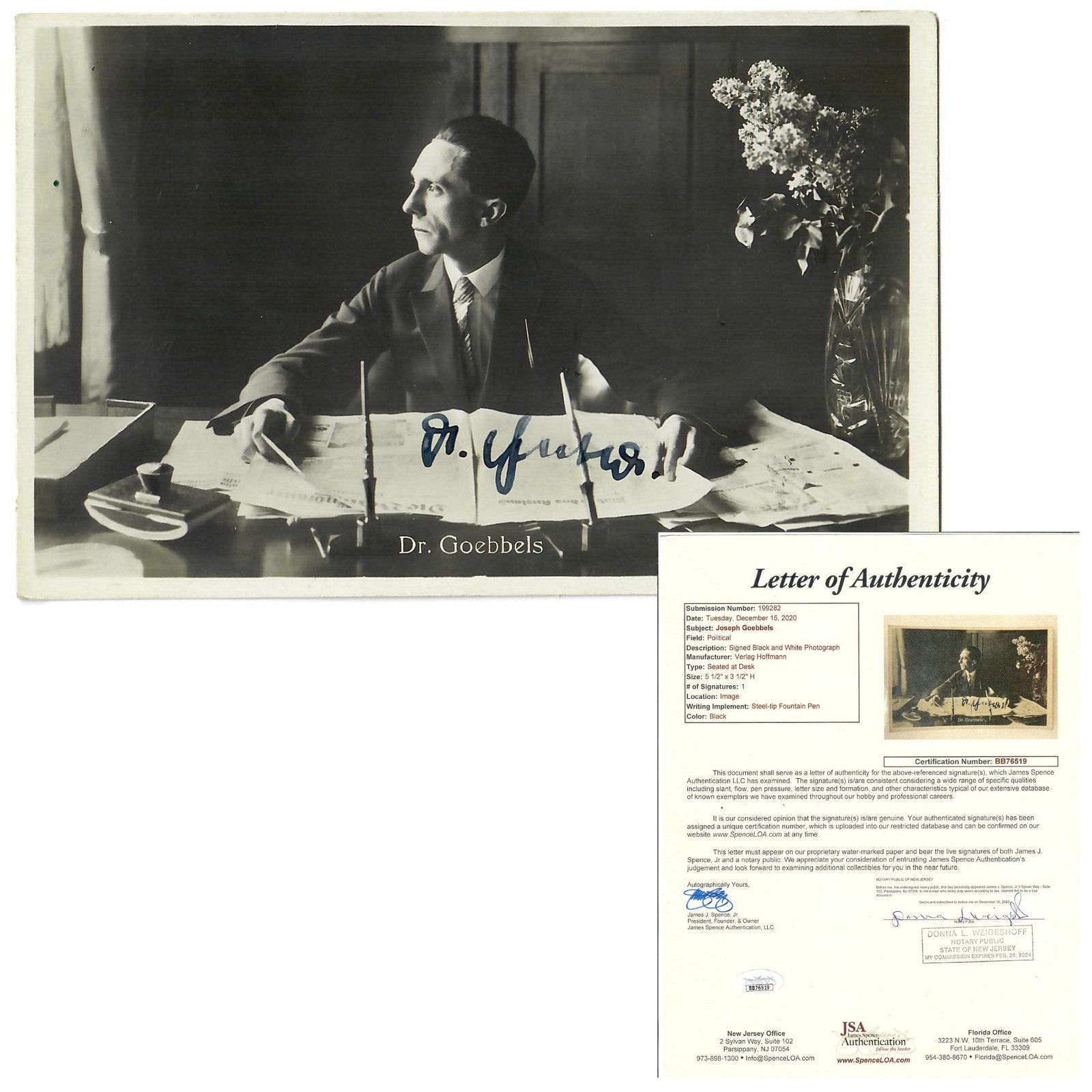 Buy Original German WWII Signed Postcard Photograph of Dr. Joseph Goebbels with JSA Letter of Authenticity | Original Firearms Antique For Sale