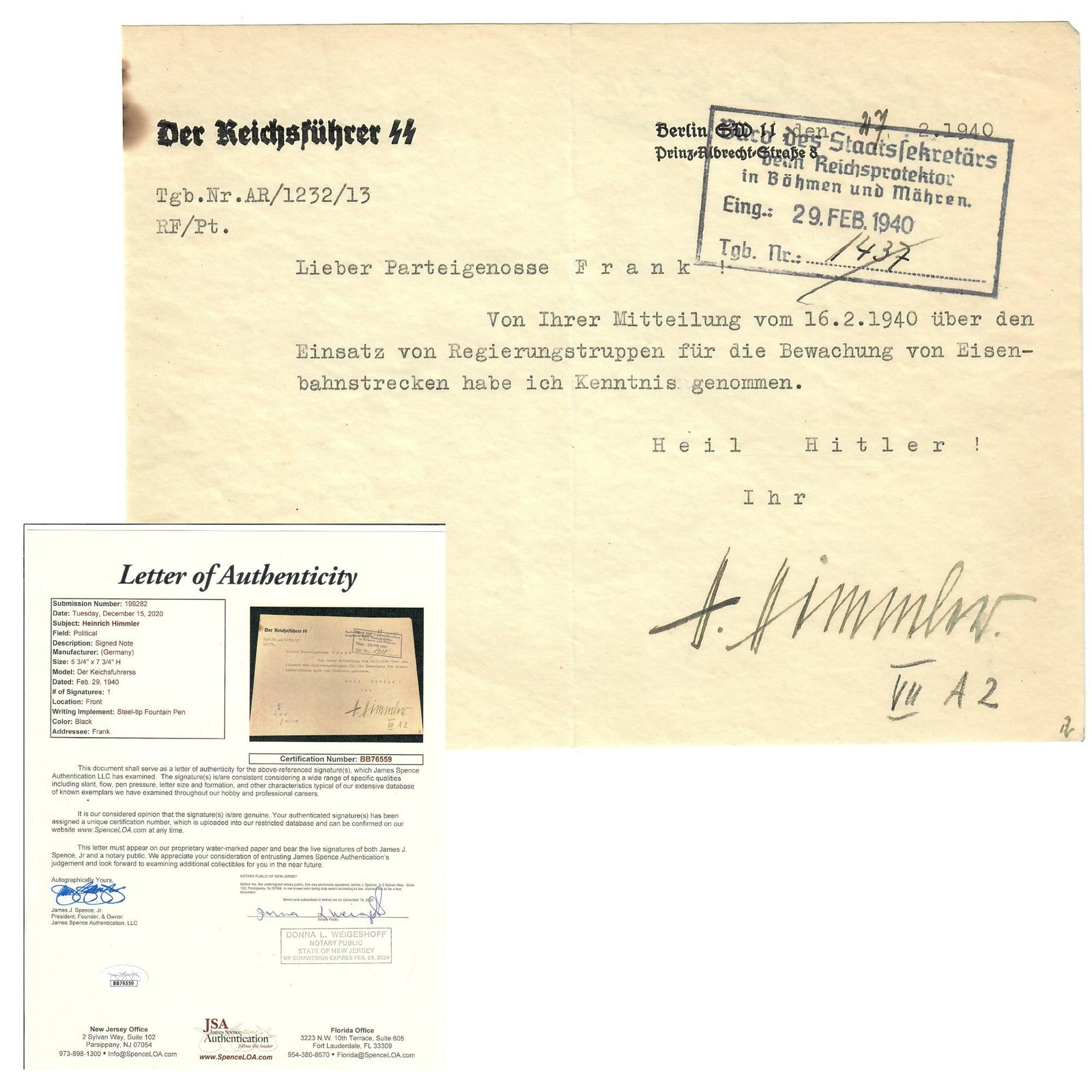Buy Original German WWII Signed Communication from Reichsführer-SS Heinrich Himmler to Hans Frank with JSA Letter of Authenticity | Original Firearms Antique For Sale