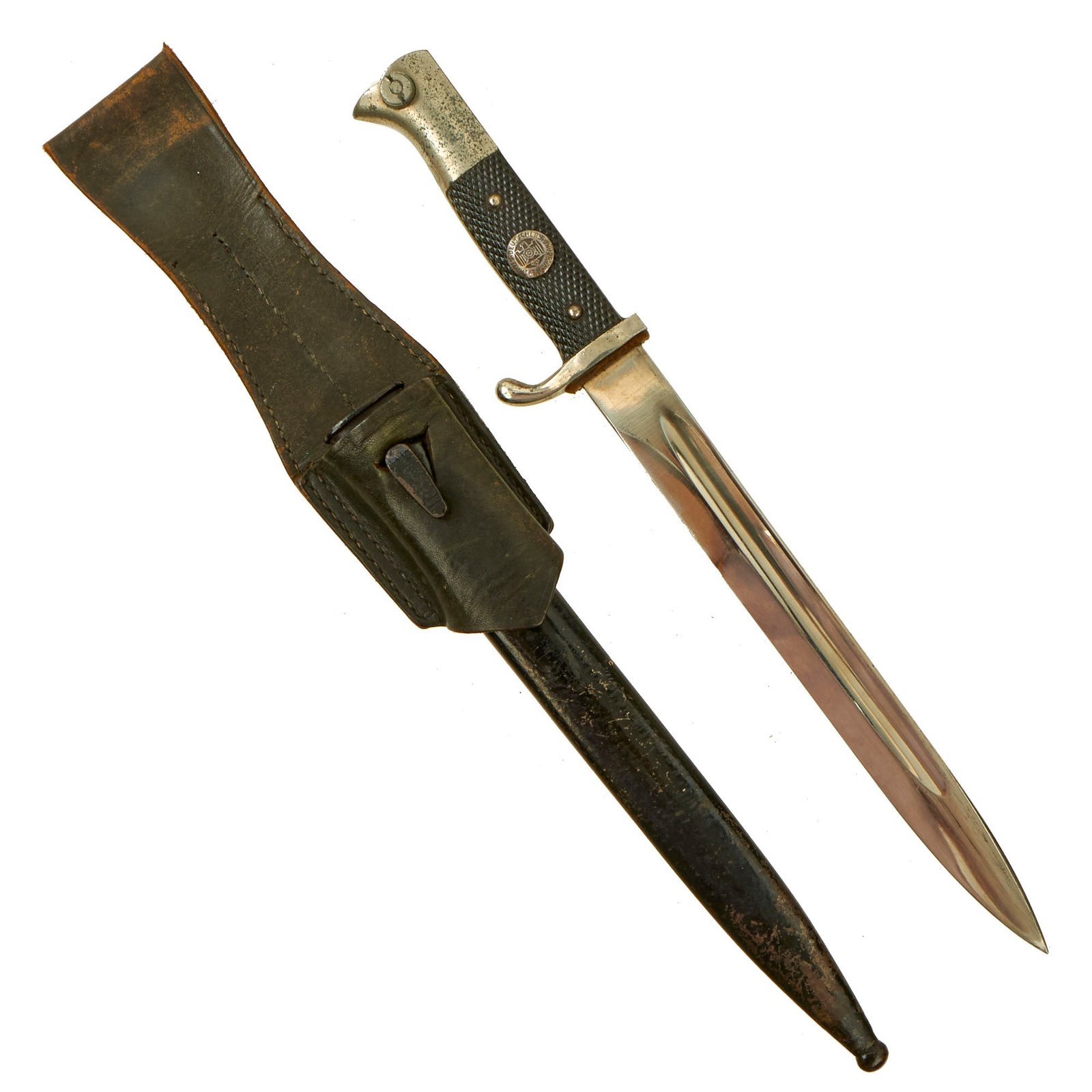 Buy Original German WWII Long 98k Dress Bayonet by ALCOSO with Period Applied Shooting Association Emblem & Scabbard in Frog | Original Firearms Antique For Sale